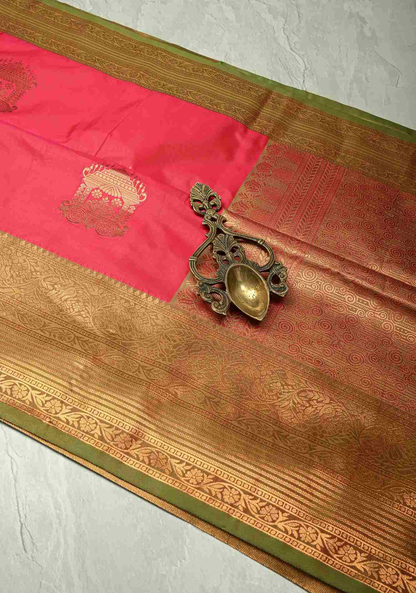 Fiery Rose Kanchi Semi Silk Saree with Zari Buttas and Contrast Zari Border Prestitch saree