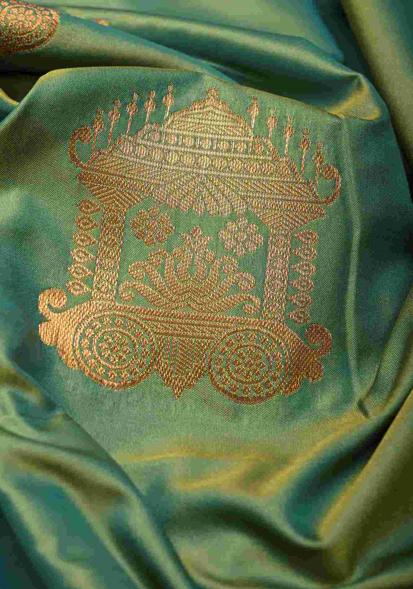 Green Dual Tone Kanchi Semi Silk Saree with Temple Chariot Zari Buttas and Zari Border Ready To Wear Saree