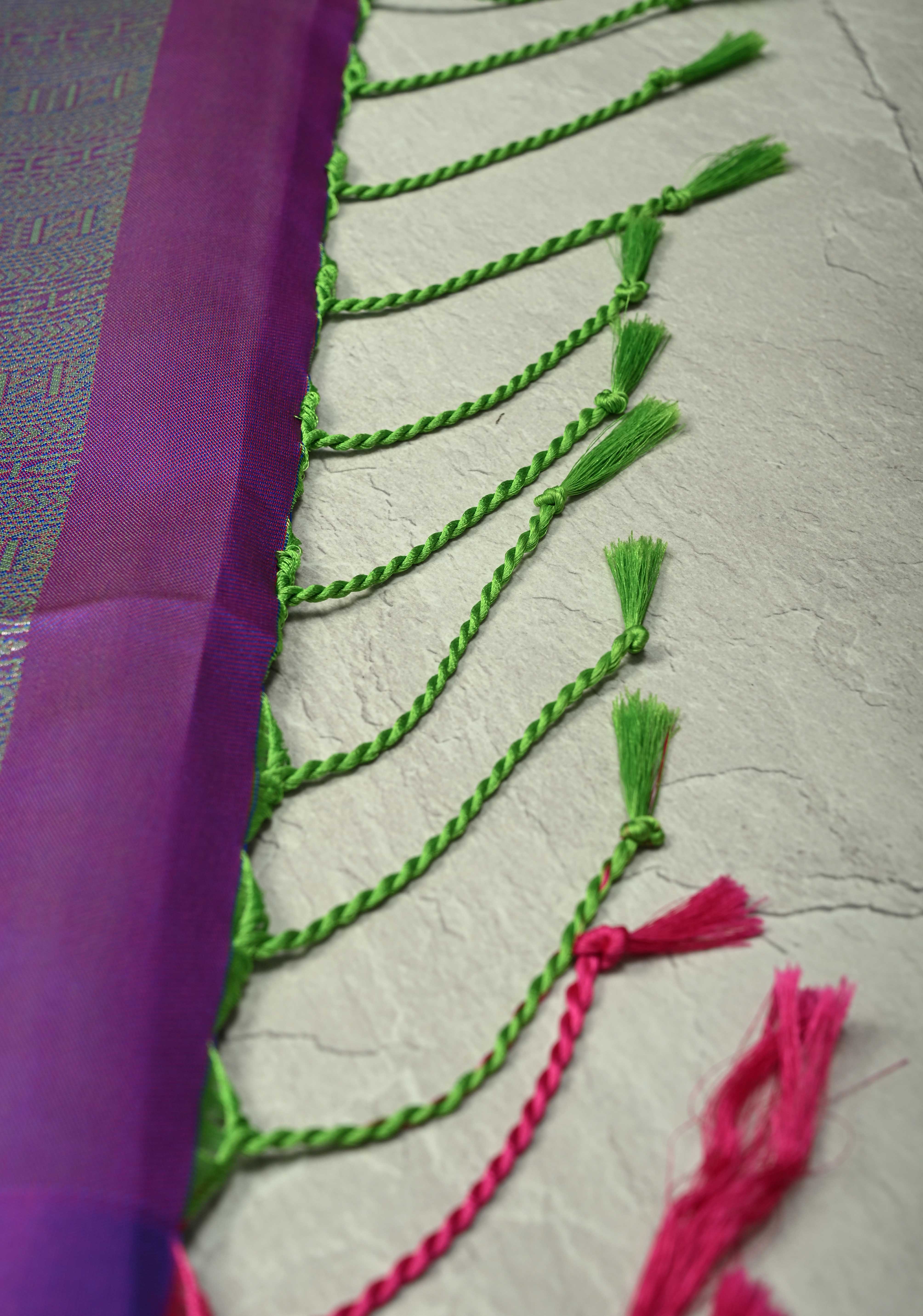 Teal Dual Tone Kanchi Semi Silk Saree with Silver Zari Buttas and Contrast Wide Zari Border | Shobitam
