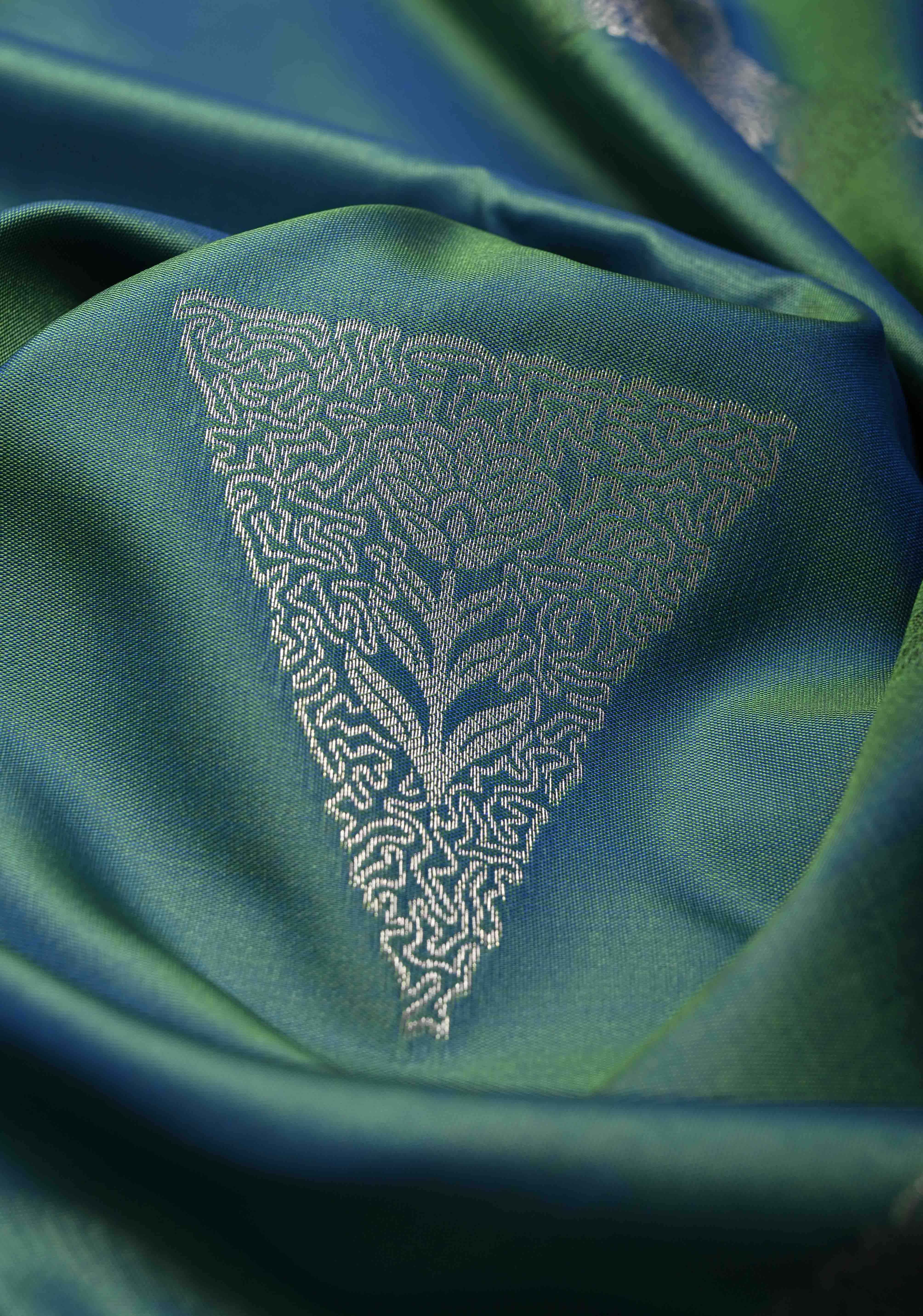 Teal Dual Tone Kanchi Semi Silk Saree with Silver Zari Buttas and Contrast Wide Zari Border | Shobitam