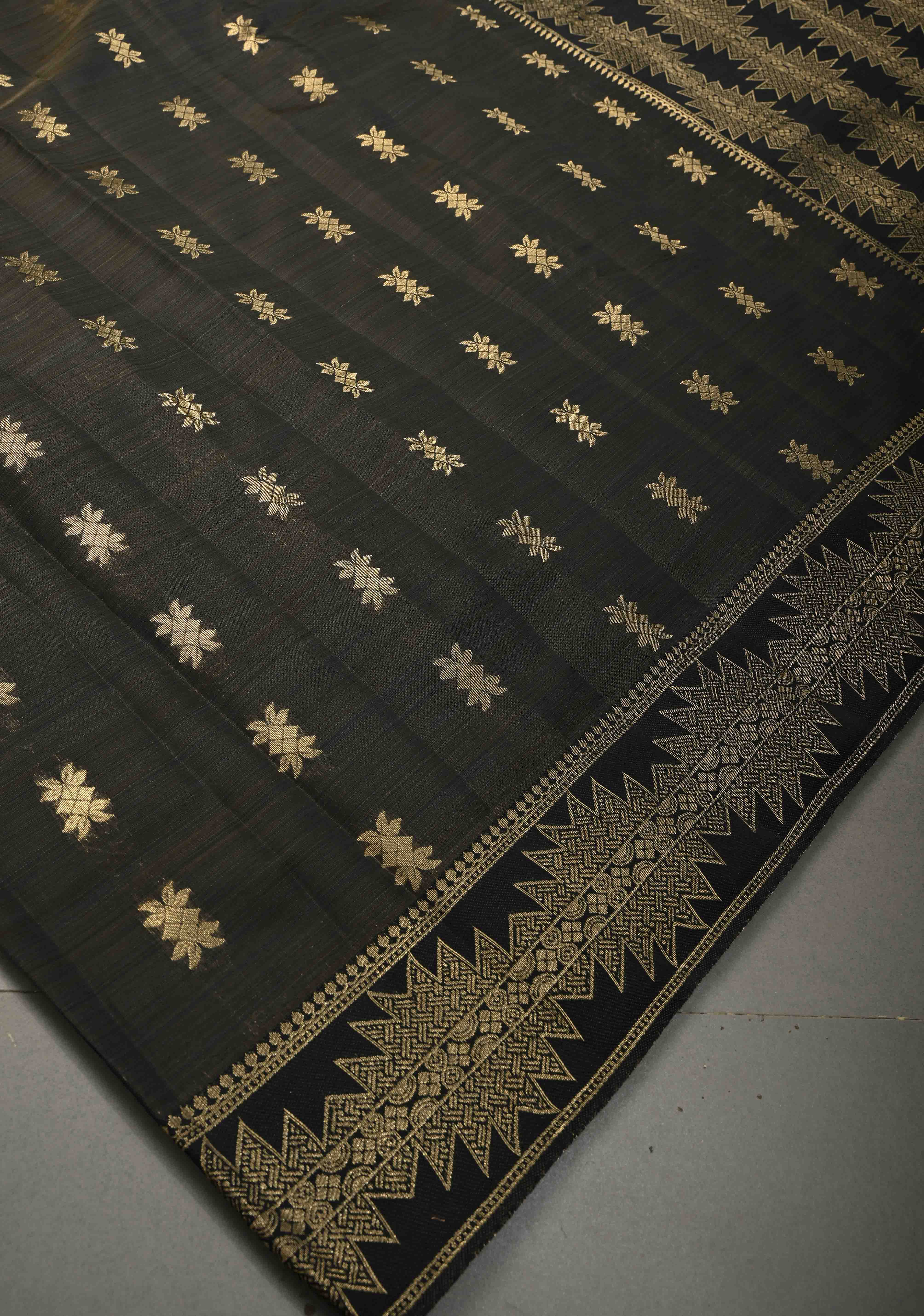 Blackish Brown Kanjivaram Semi Silk Saree with Zari Buttas and Fancy Zari Border | Shobitam