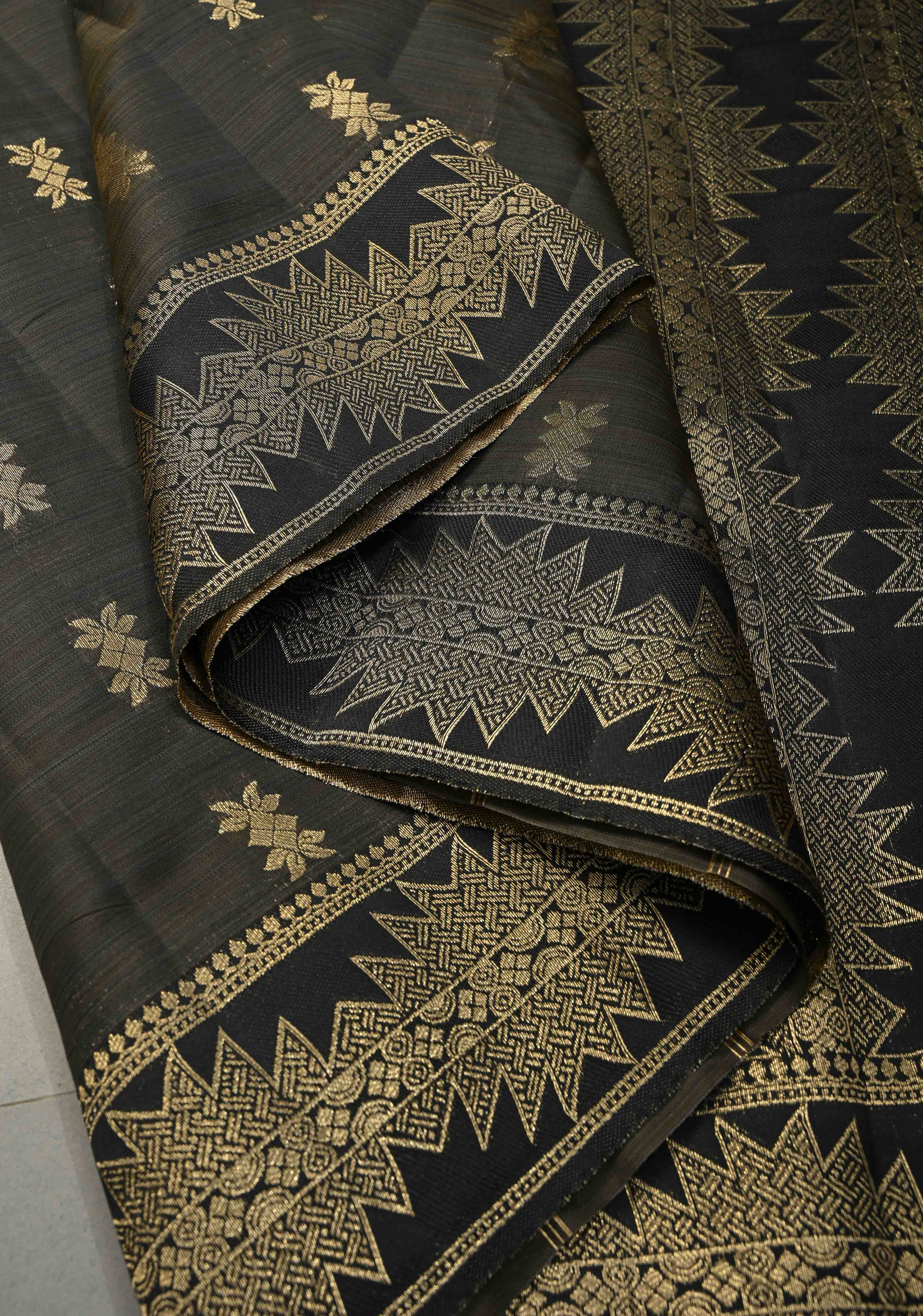 Blackish Brown Kanjivaram Semi Silk Saree with Zari Buttas and Fancy Zari Border | Shobitam