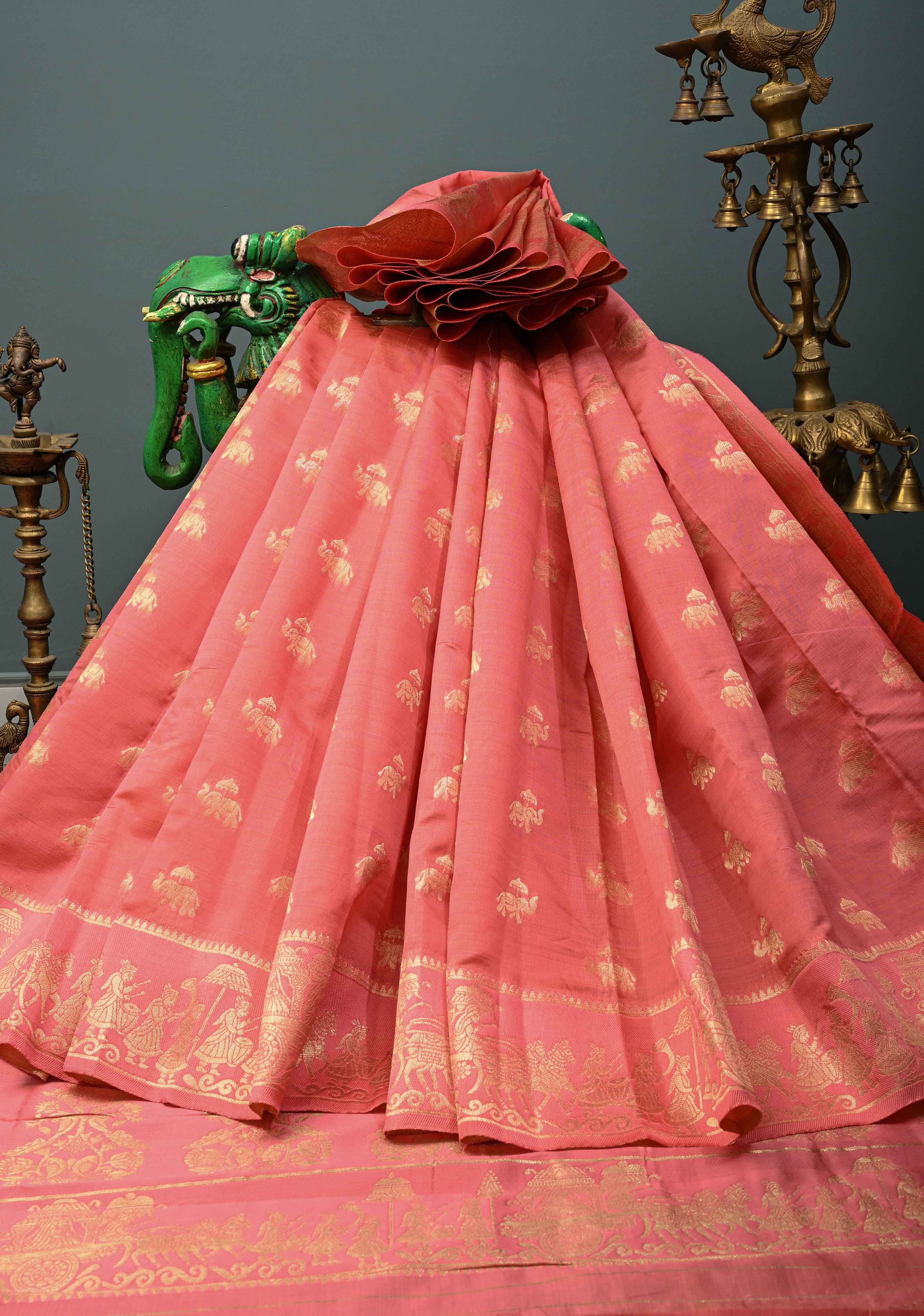 Coral Pink Kanjivaram Semi Silk Saree with Elephant Zari Buttas and procession Zari Border | Shobitam