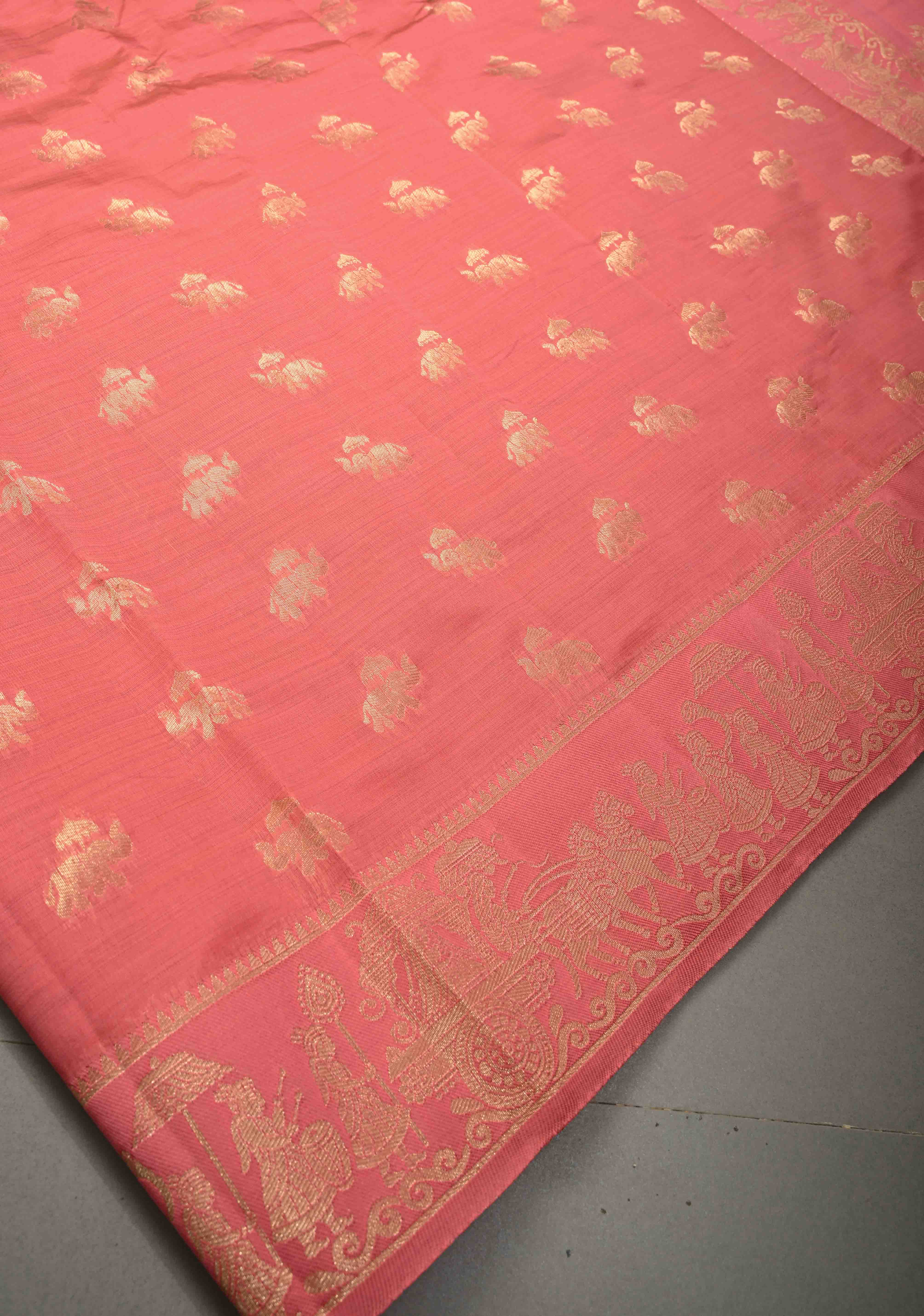 Coral Pink Kanjivaram Semi Silk Saree with Elephant Zari Buttas and procession Zari Border | Shobitam