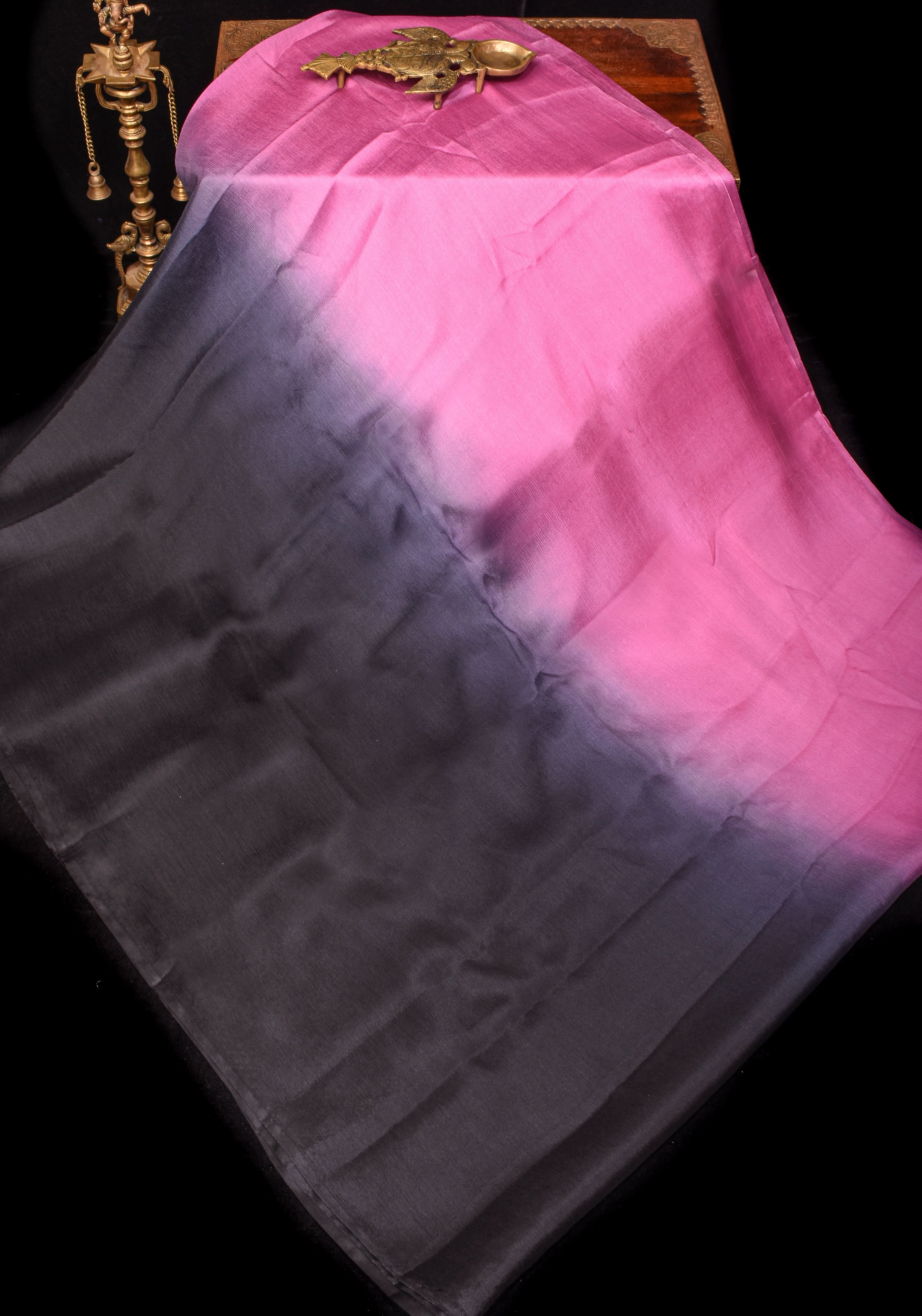 Mesmerizing Pink and Black Dual Shade Bollywood Style Ombre Pure Chiffon Saree, no blouse piece | SHOBITAM