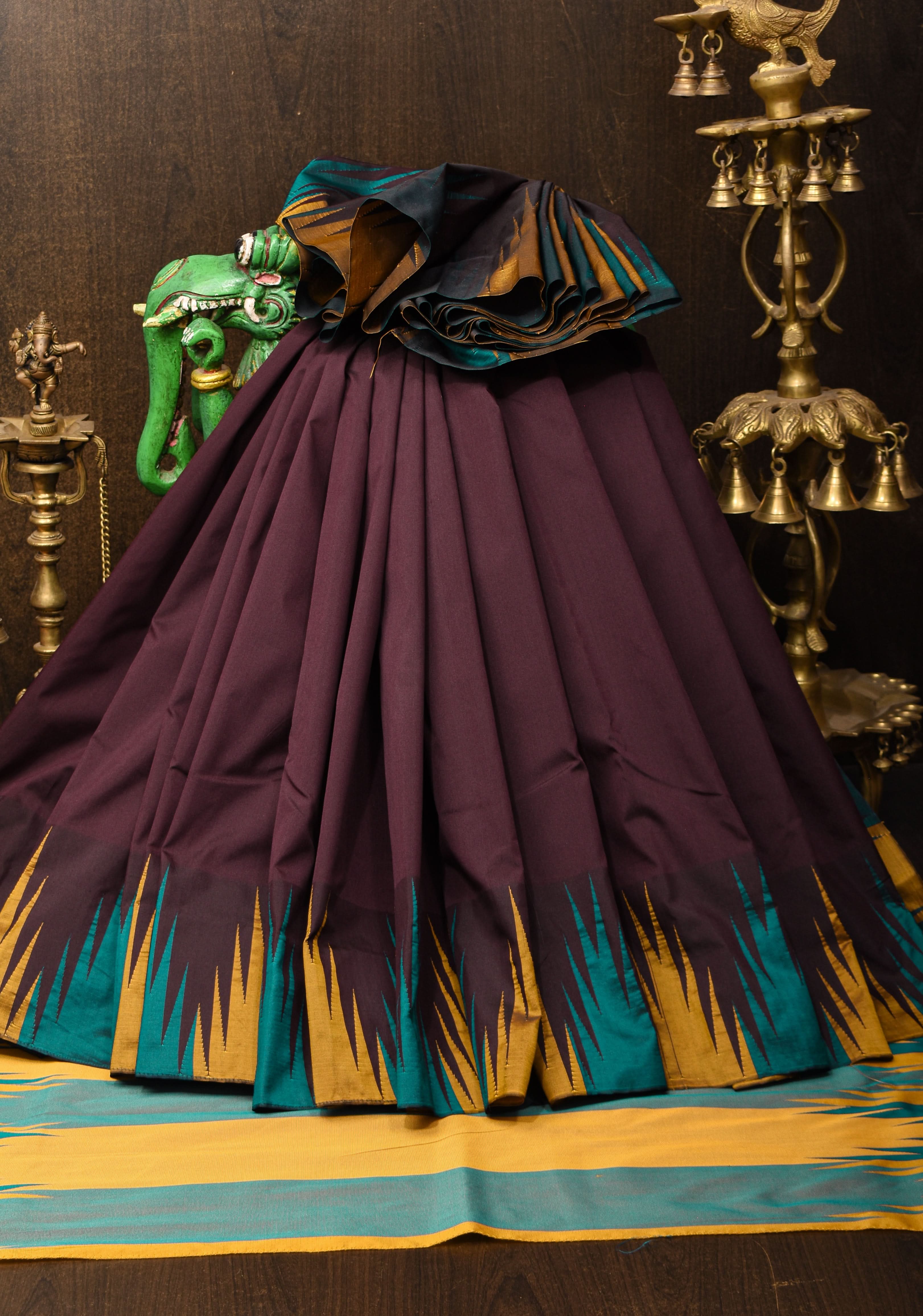 Brown Art Silk Saree with Two Color Temple Border | Shobitam