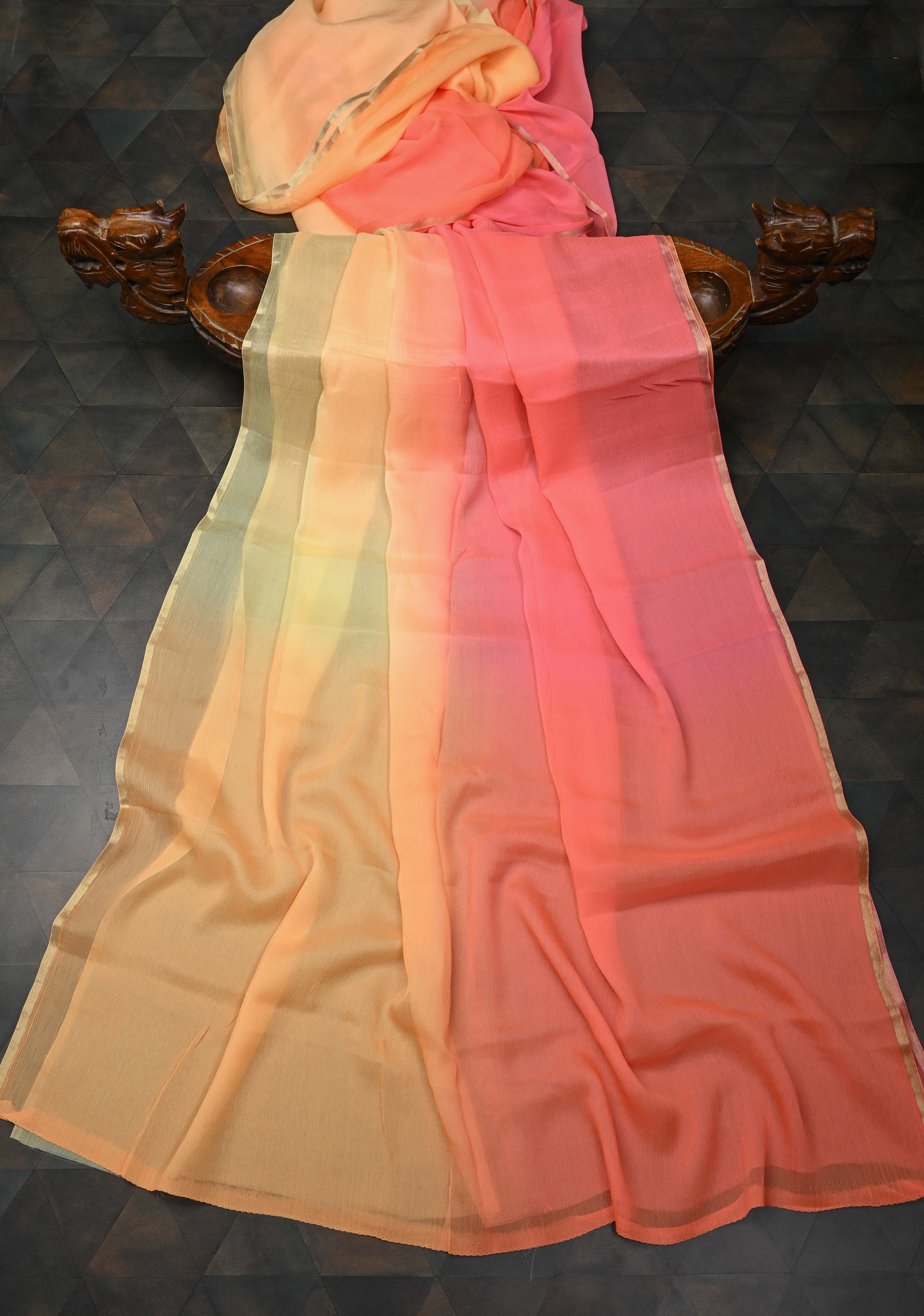 Bollywood style ombre pure chiffon Saree in Shades of orange, No Blouse Piece | Shobitam