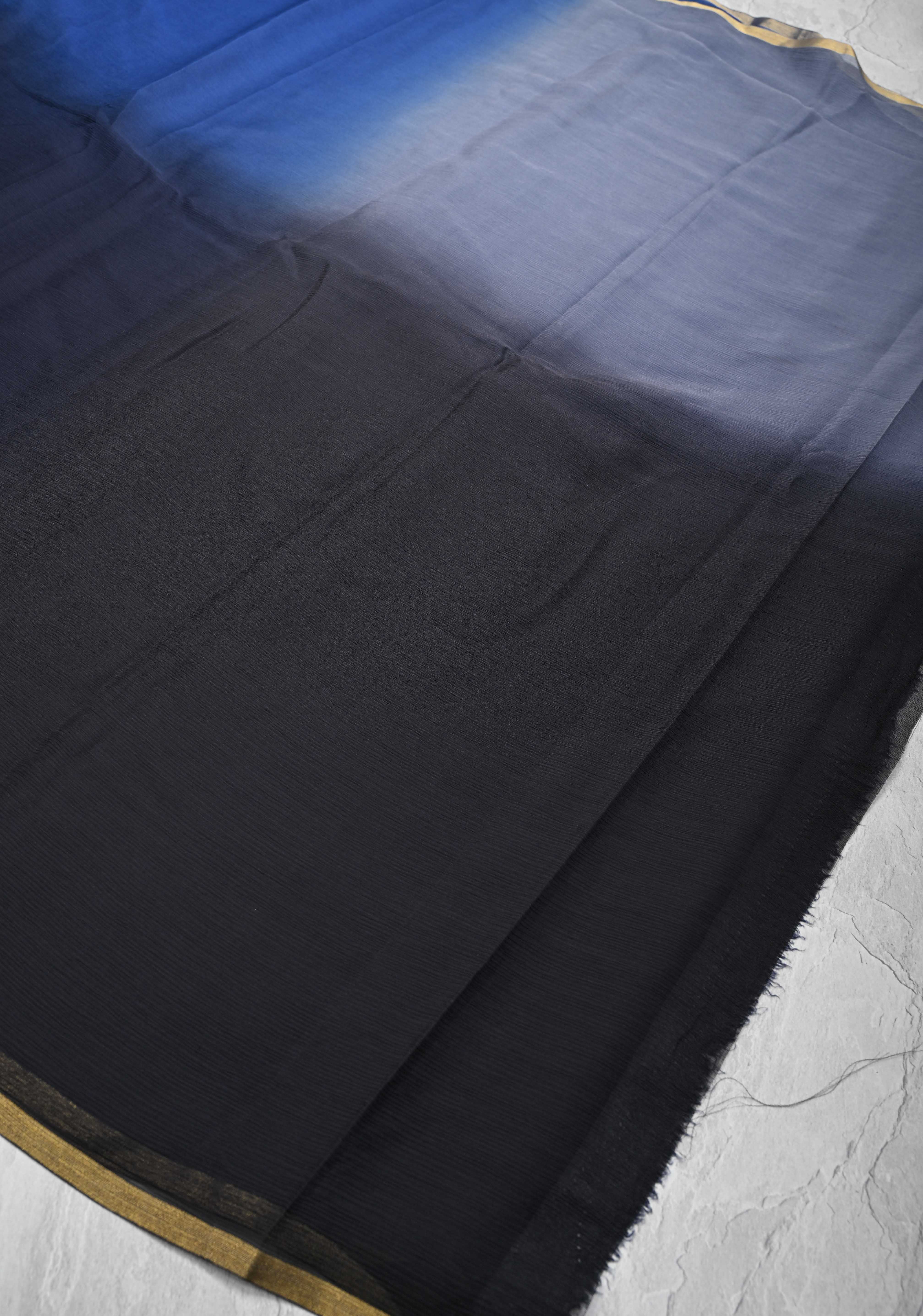Bollywood style ombre pure chiffon Saree in black, gray and blue, No Blouse Piece | Shobitam