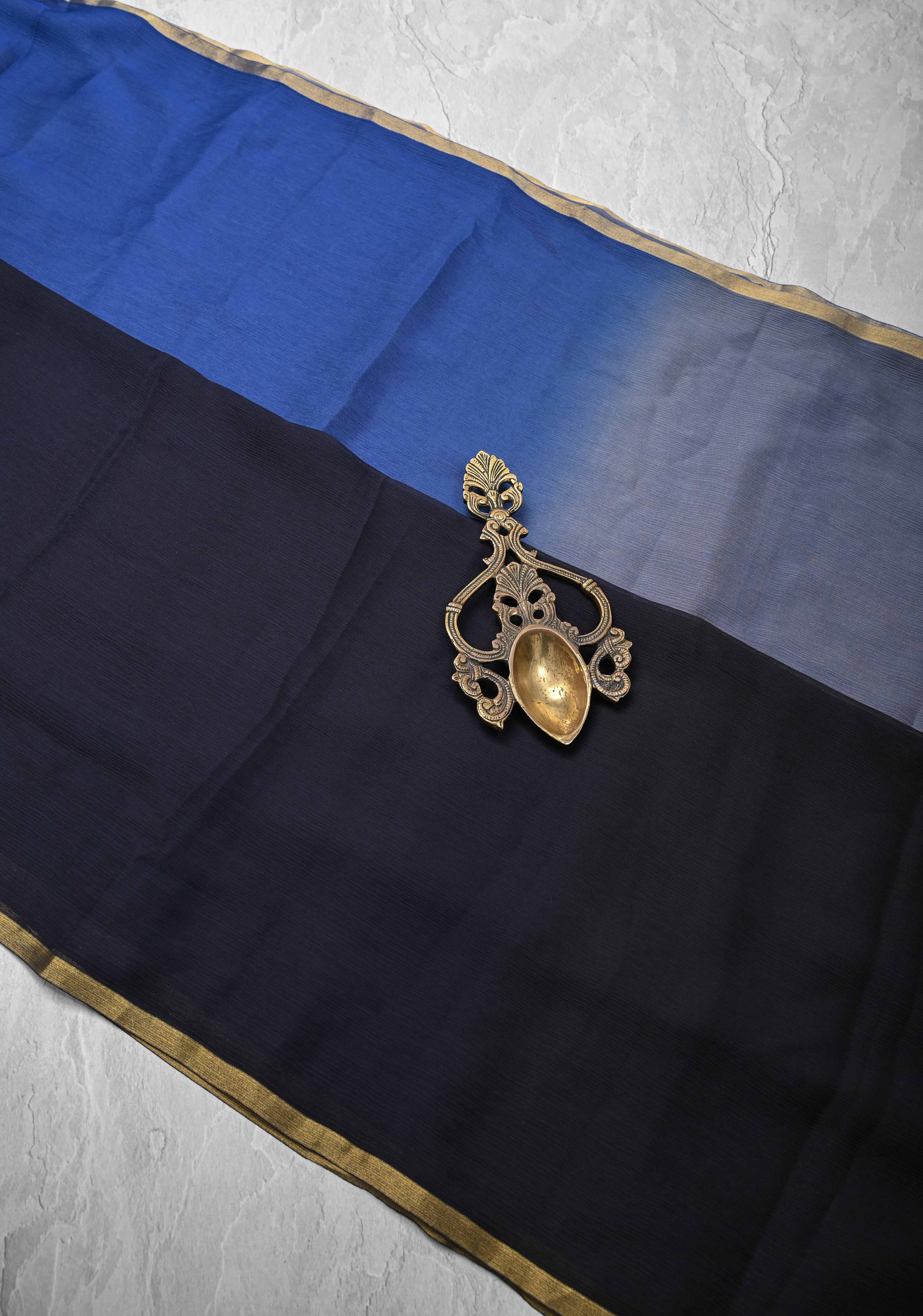 Bollywood style ombre pure chiffon Saree in black, gray and blue, No Blouse Piece | Shobitam