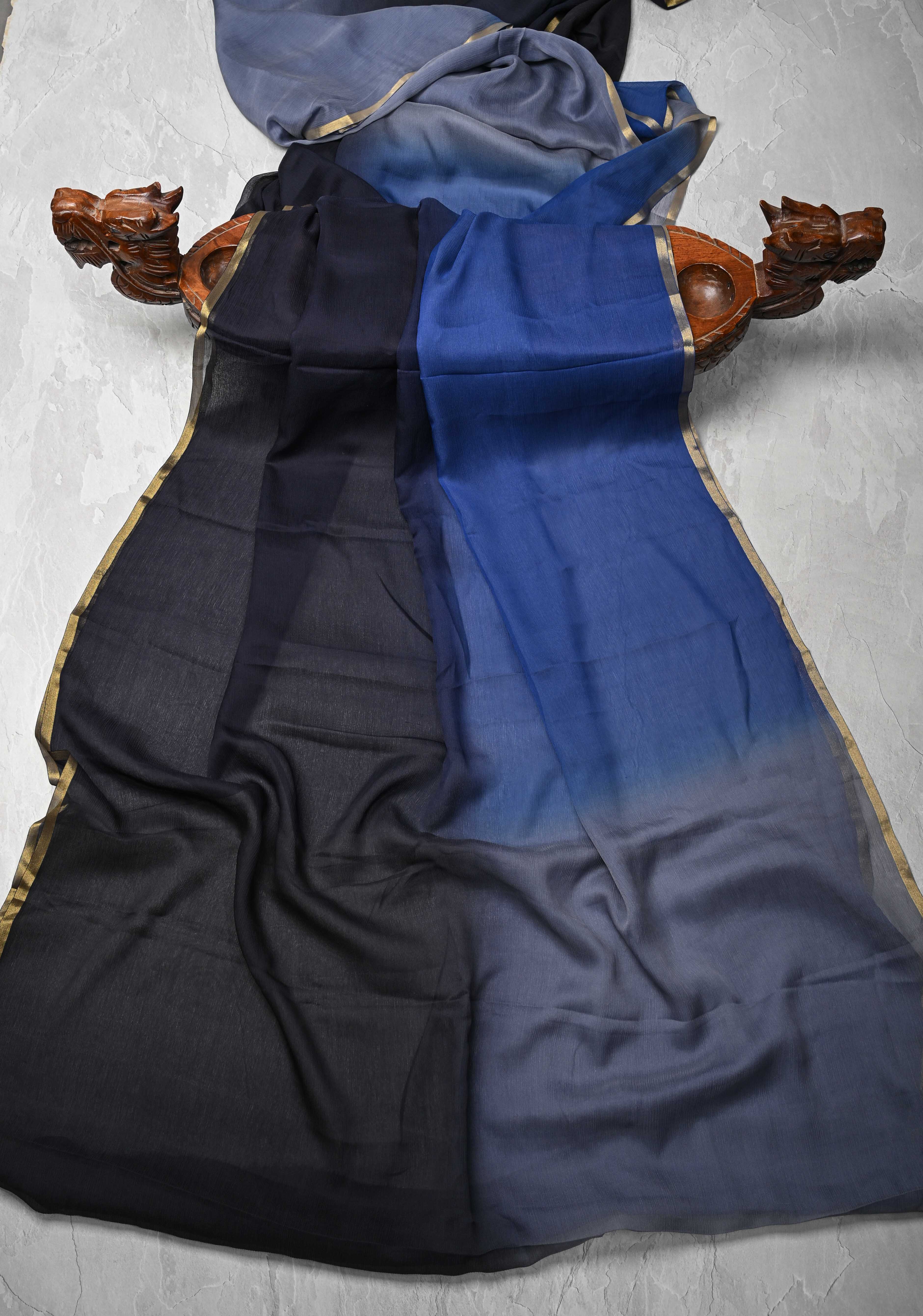 Bollywood style ombre pure chiffon Saree in black, gray and blue, No Blouse Piece | Shobitam