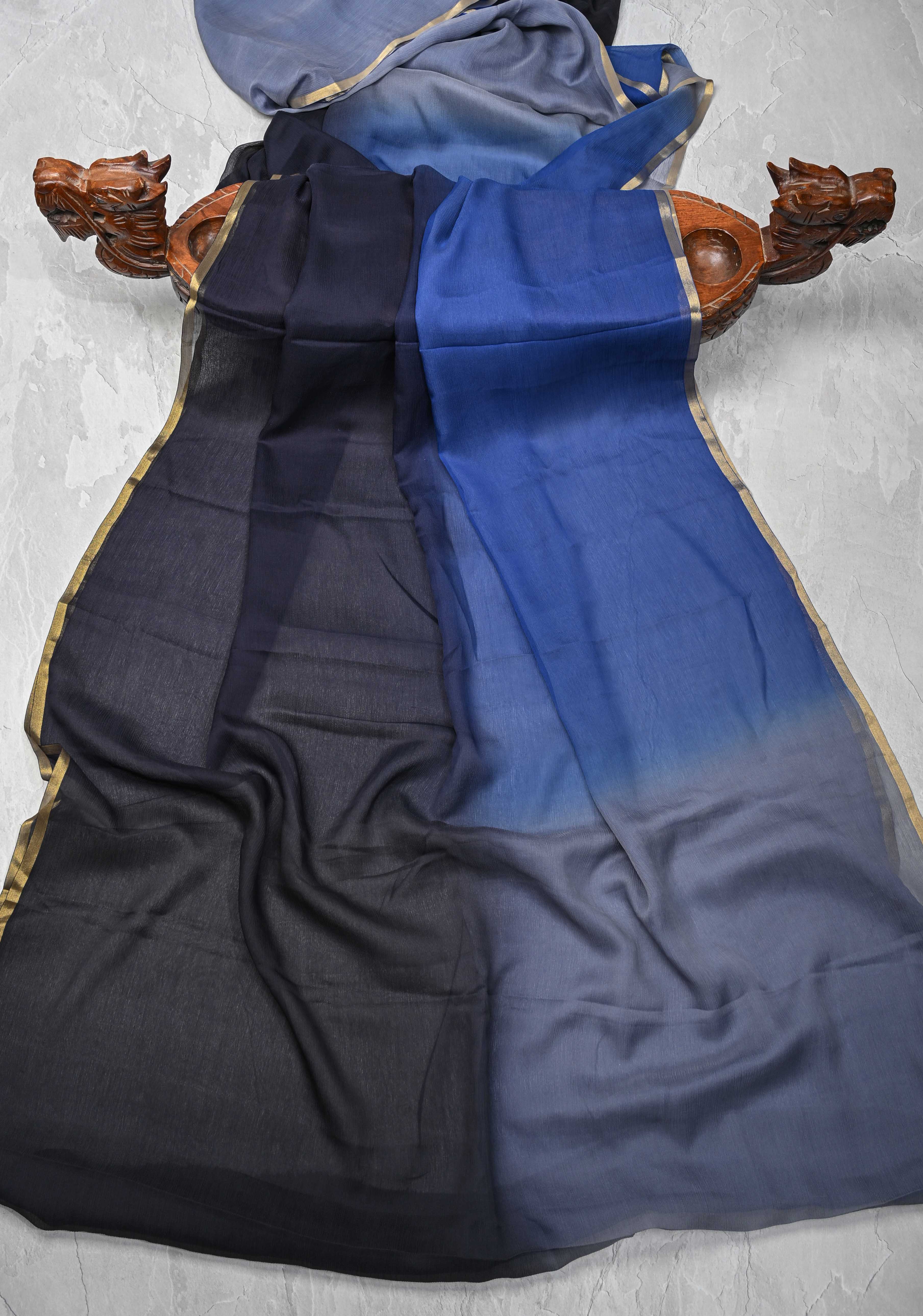 Bollywood style ombre pure chiffon Saree in black, gray and blue, No Blouse Piece | Shobitam