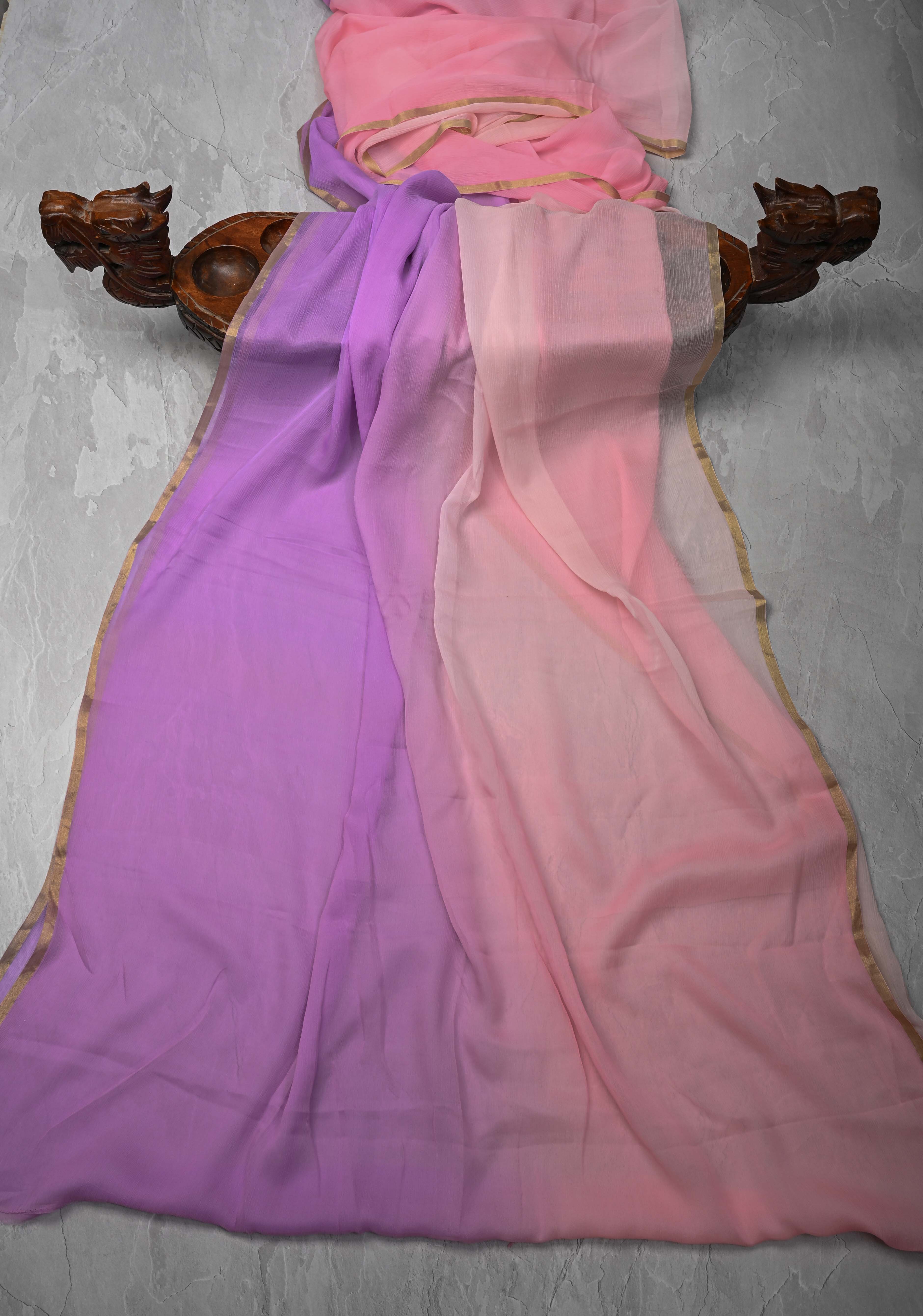 Bollywood style ombre pure chiffon Saree in Lavender and Peach, No Blouse Piece | Shobitam