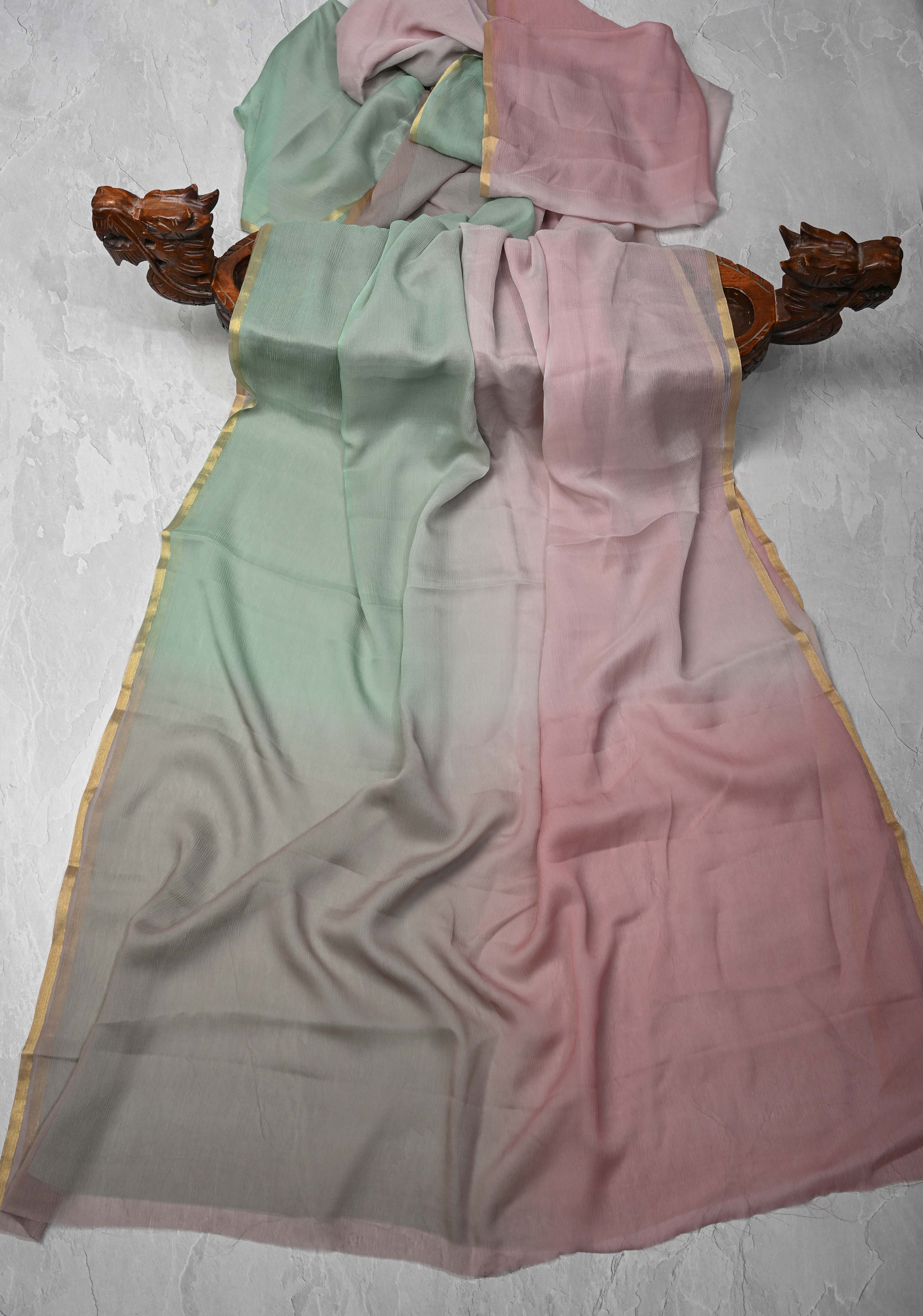 Bollywood style ombre pure chiffon Saree in Dusty Pastel Shades, No Blouse Piece | Shobitam