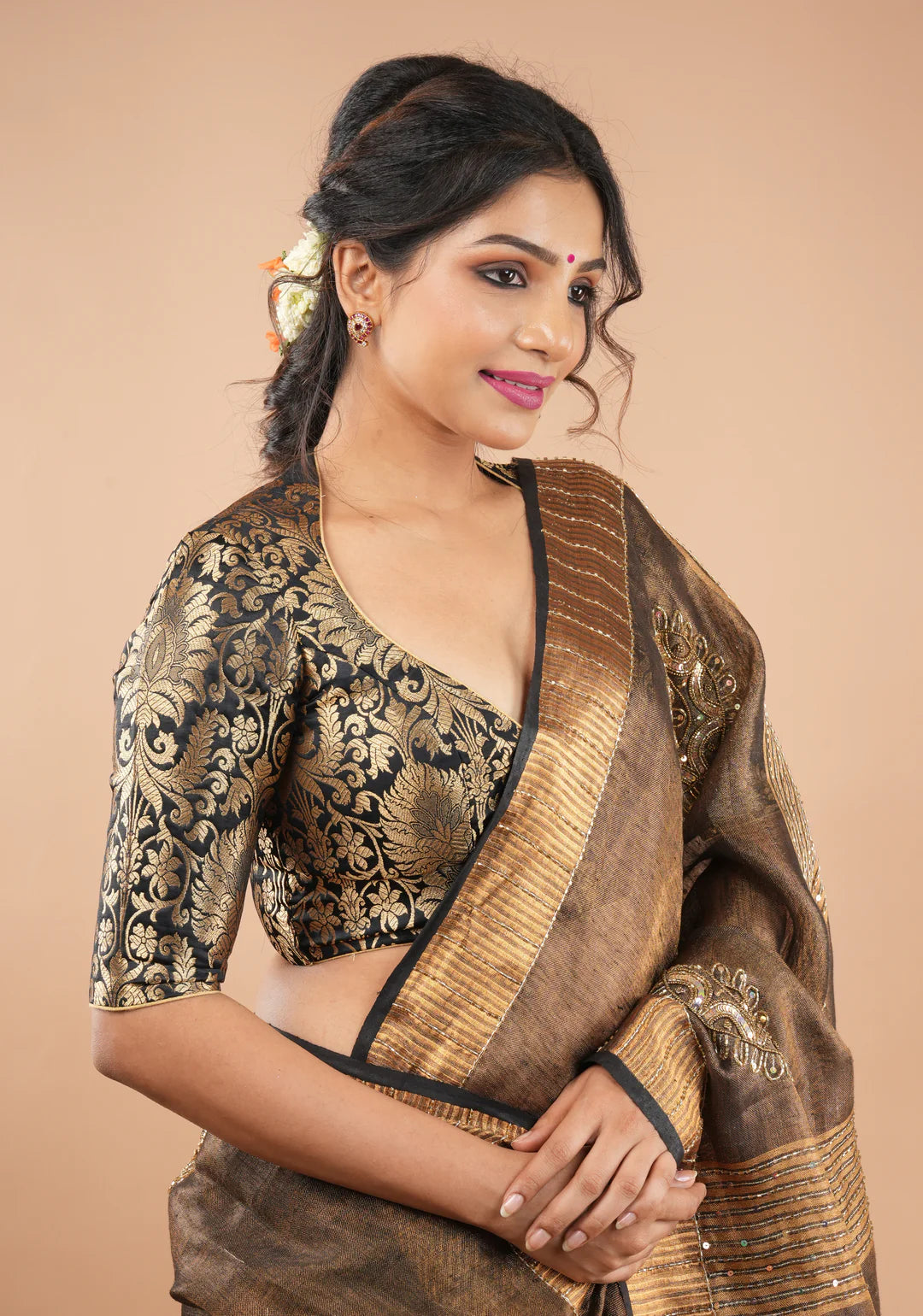 Gold hot Banarasi Saree with black blouse for women