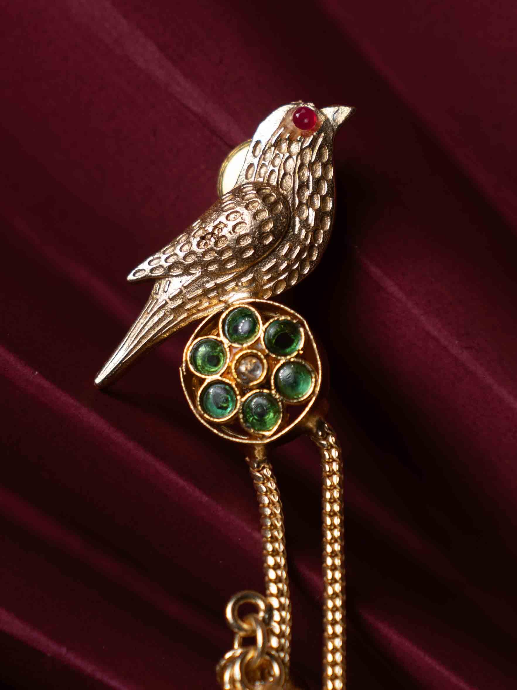 Gold Plated Bird Motif Long Jhumka Earrings with Pearl Drops & Green Stone Accents