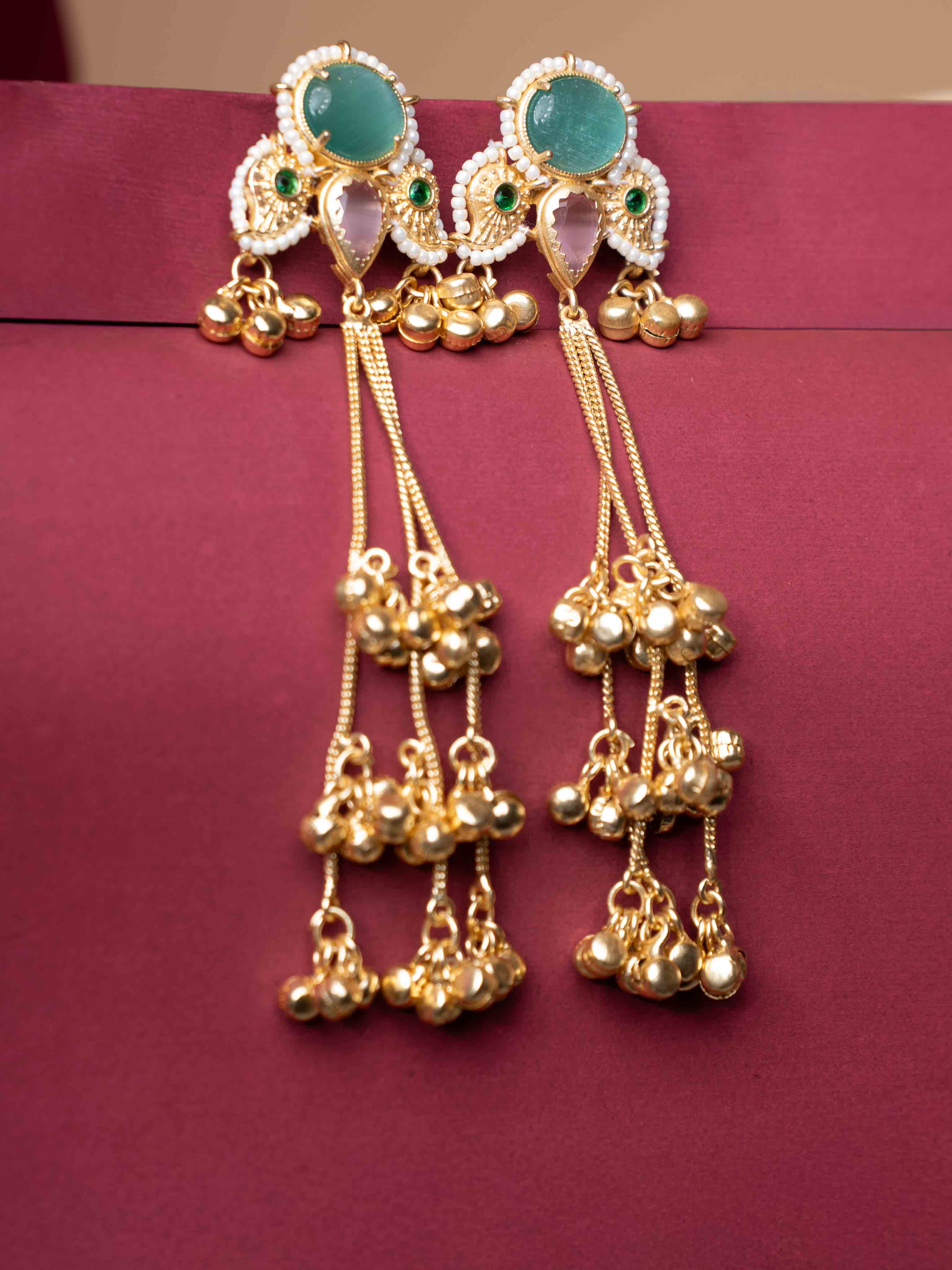 Gold Plated Long Tassel Earrings with Green Stone Stud, Pearl Detailing & Ghungroo Drops