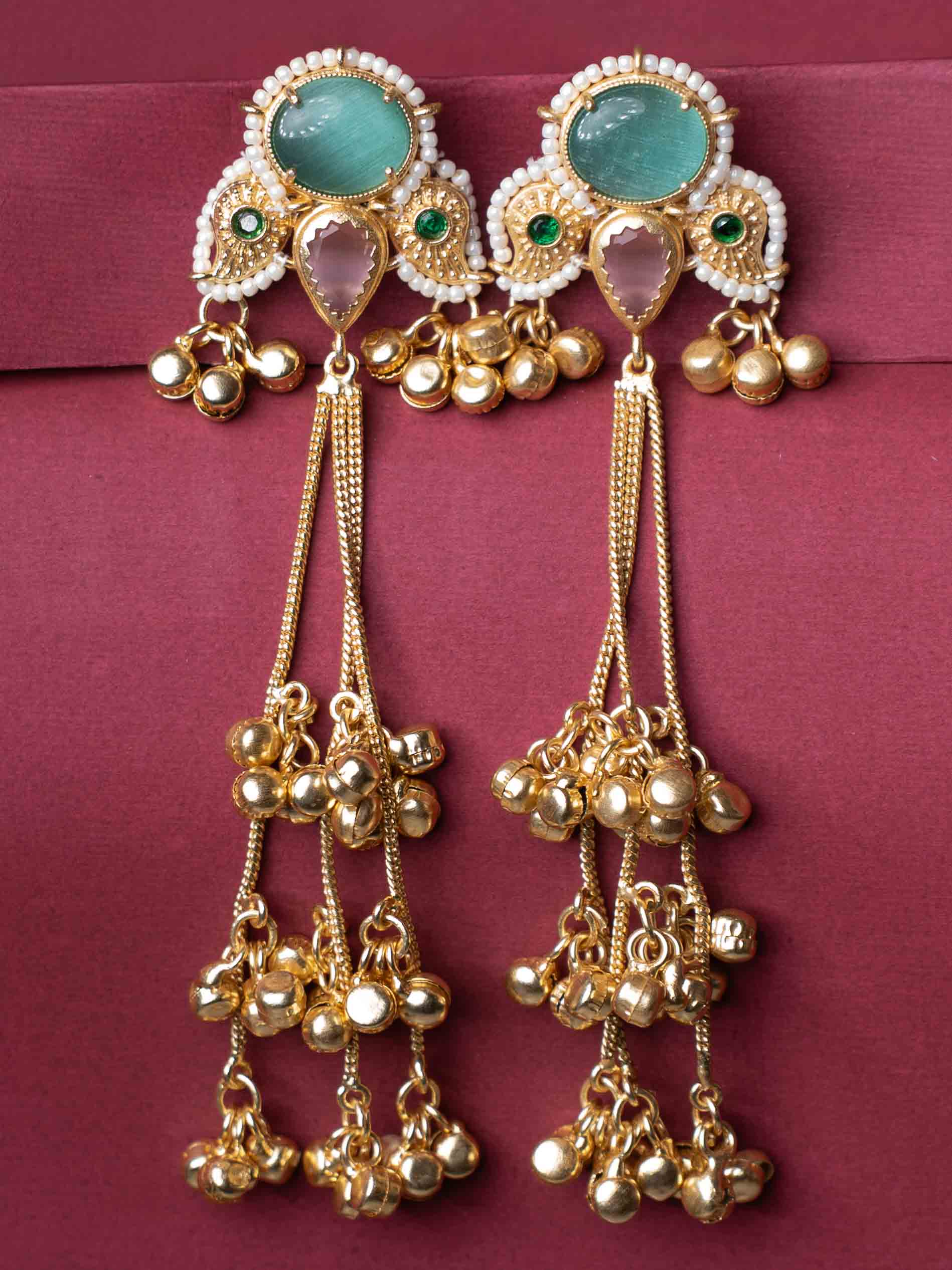 Gold Plated Long Tassel Earrings with Green Stone Stud, Pearl Detailing & Ghungroo Drops
