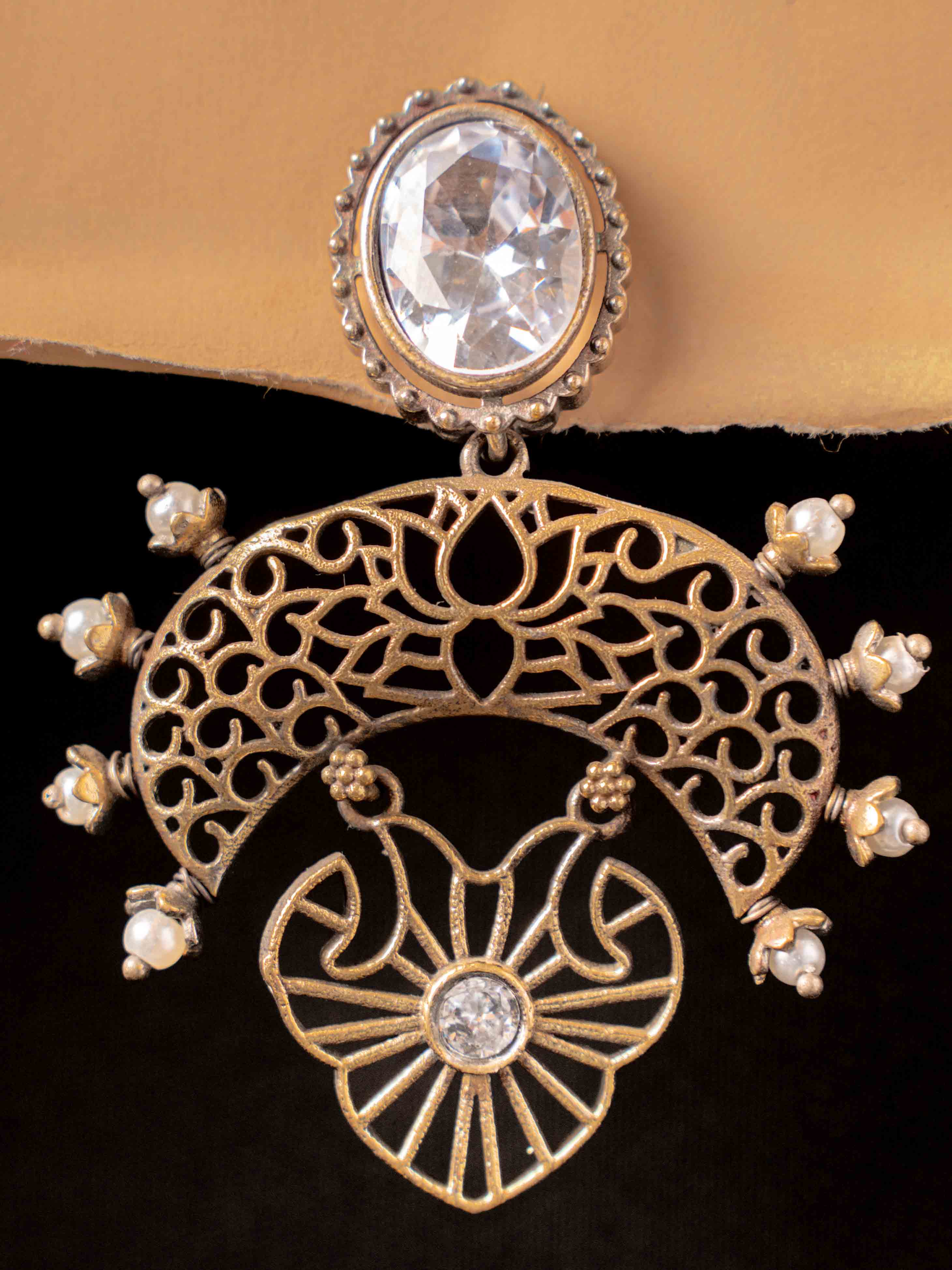 Antique Gold Filigree Statement Earrings with Crystal Stud & Pearl Drop Accents