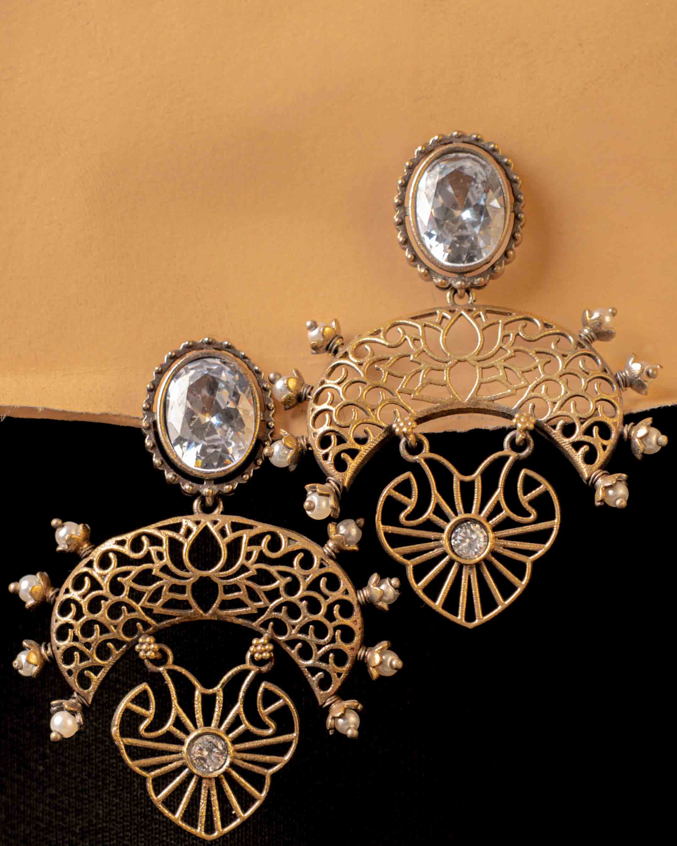 Antique Gold Filigree Statement Earrings with Crystal Stud & Pearl Drop Accents