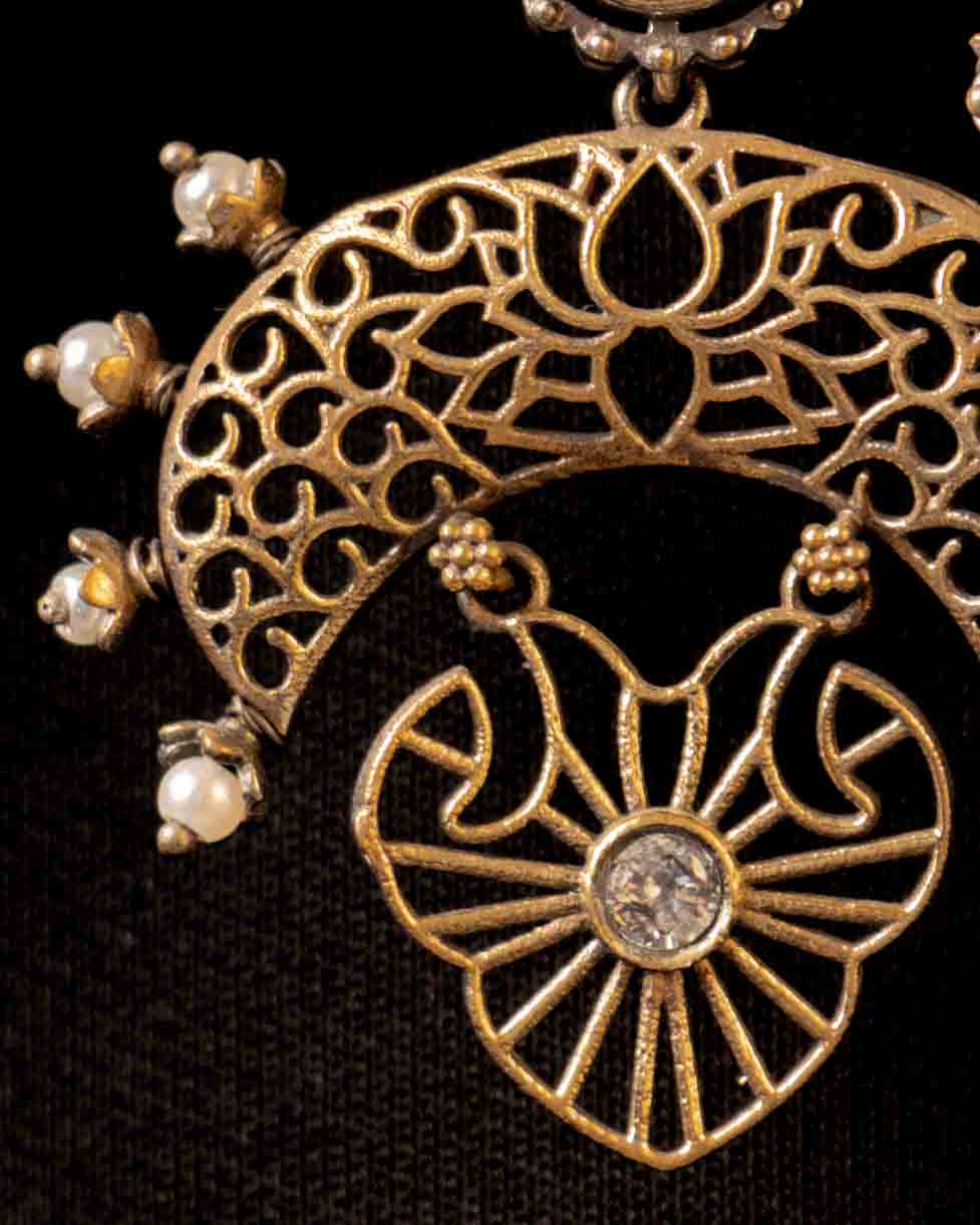 Antique Gold Filigree Statement Earrings with Crystal Stud & Pearl Drop Accents