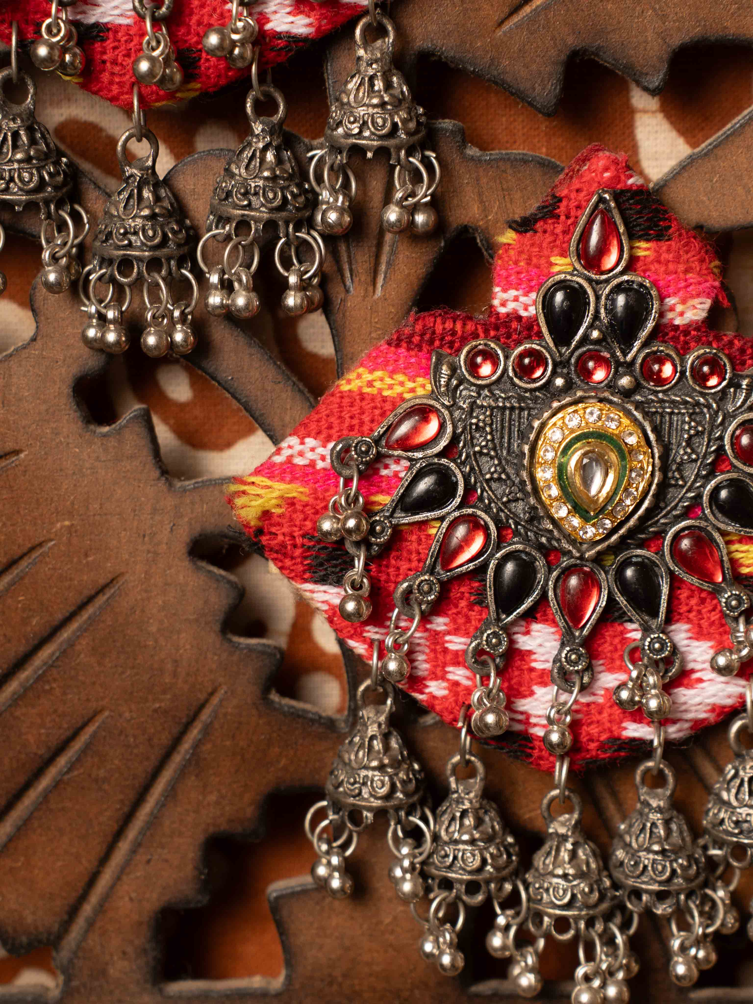 Tribal Fabric Statement Earrings with Antique Jhumka Danglers & Red Stone Embellishments