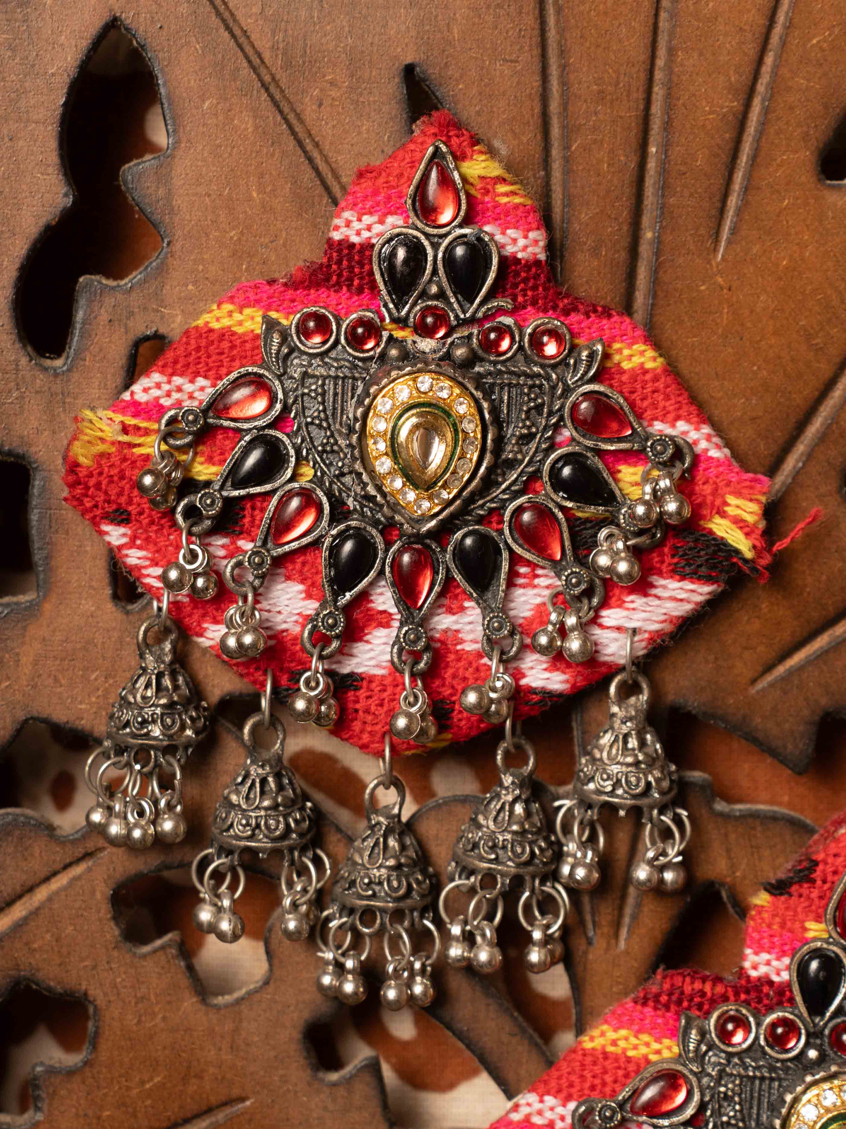 Tribal Fabric Statement Earrings with Antique Jhumka Danglers & Red Stone Embellishments