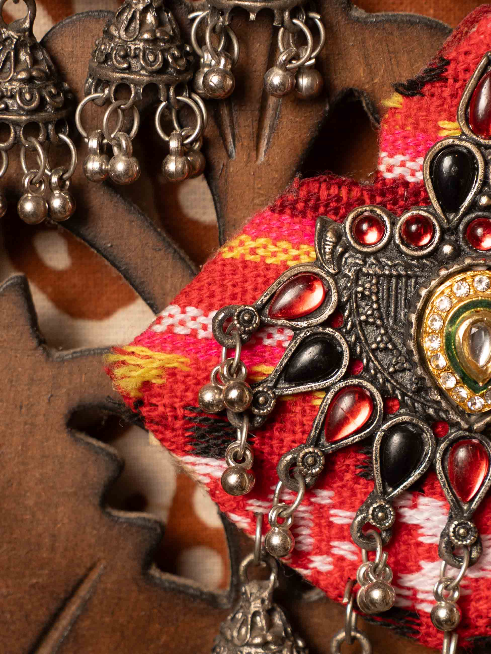 Tribal Fabric Statement Earrings with Antique Jhumka Danglers & Red Stone Embellishments