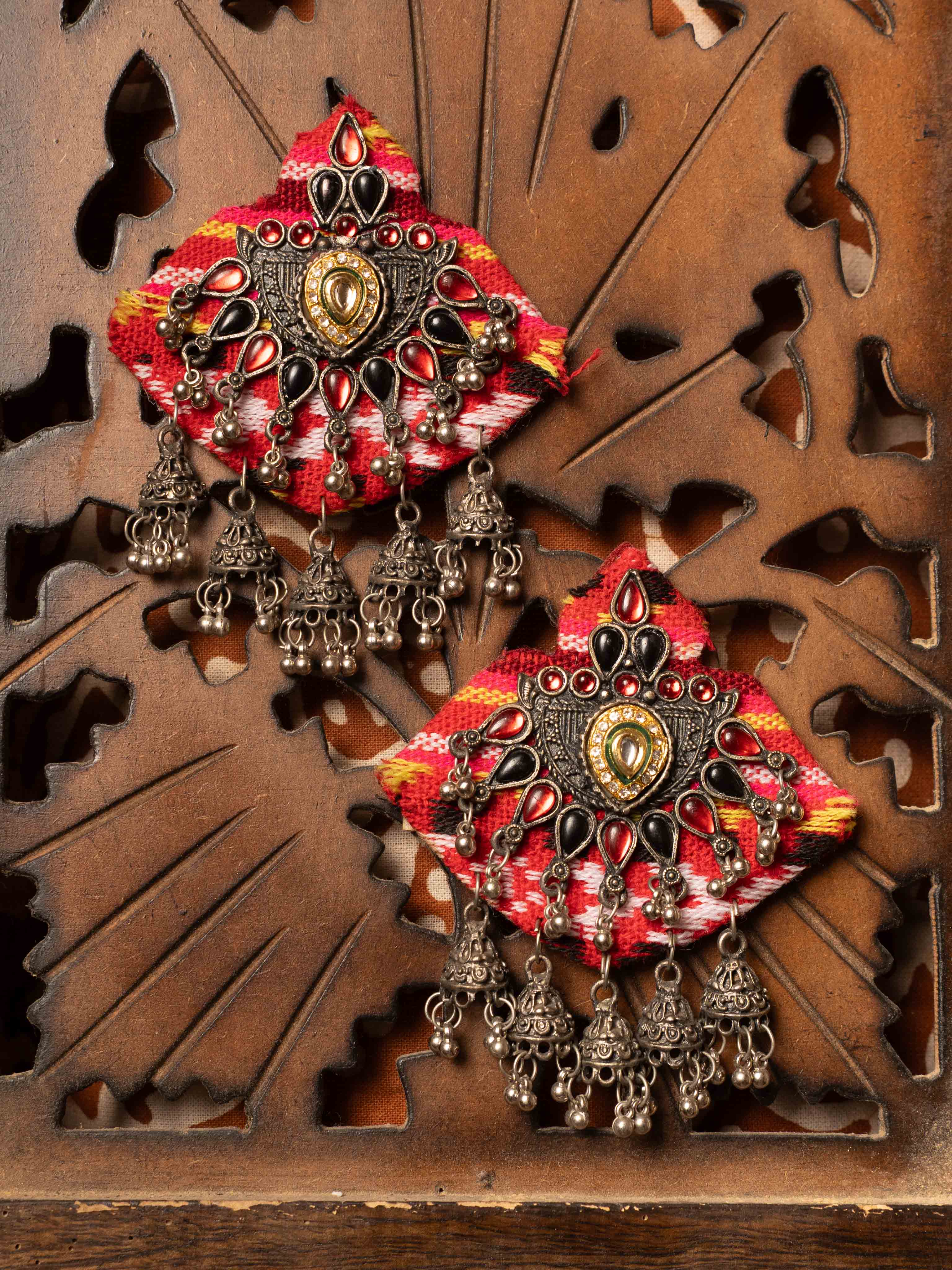 Tribal Fabric Statement Earrings with Antique Jhumka Danglers & Red Stone Embellishments