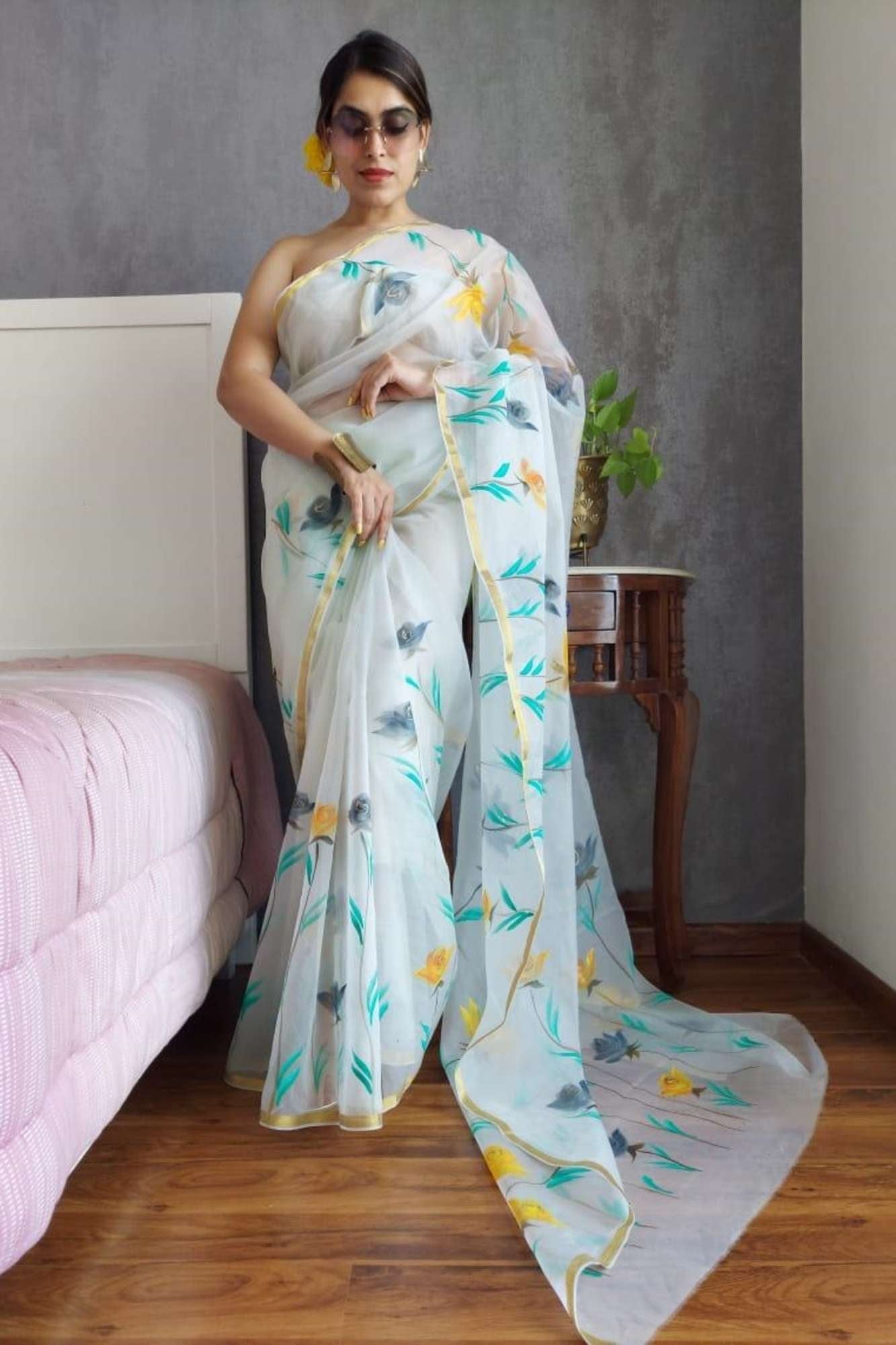 White Organza with Hand-Painted Yellow-Grey Roses & Golden Border Ready To wear Saree