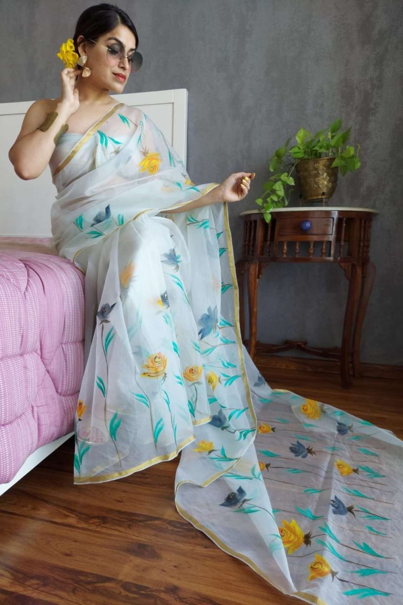 White Organza with Hand-Painted Yellow-Grey Roses & Golden Border Ready To wear Saree