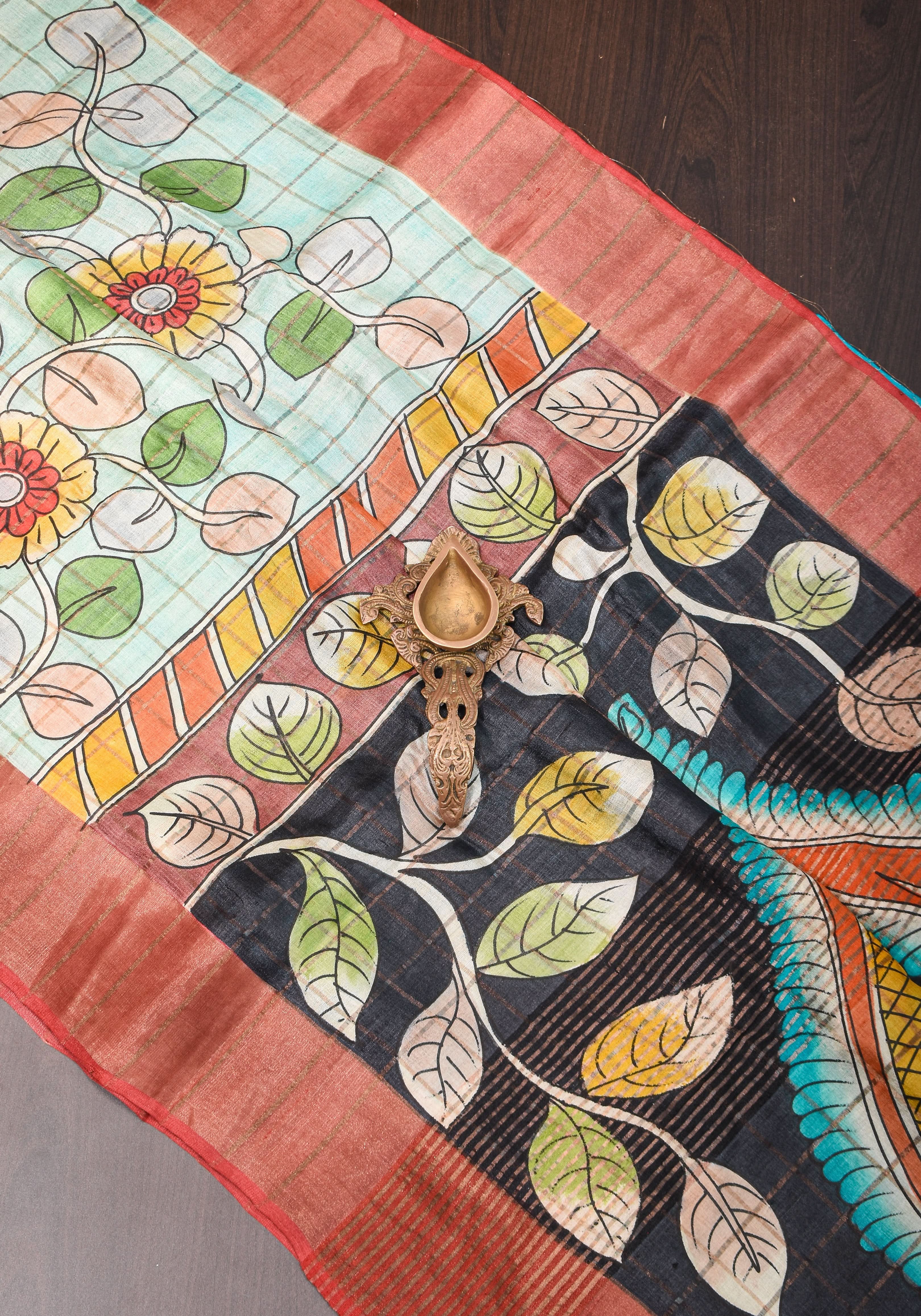 Jari Tussar Saree with Checks and Kalamkari Digital Print | SILK MARK CERTIFIED | Shobitam