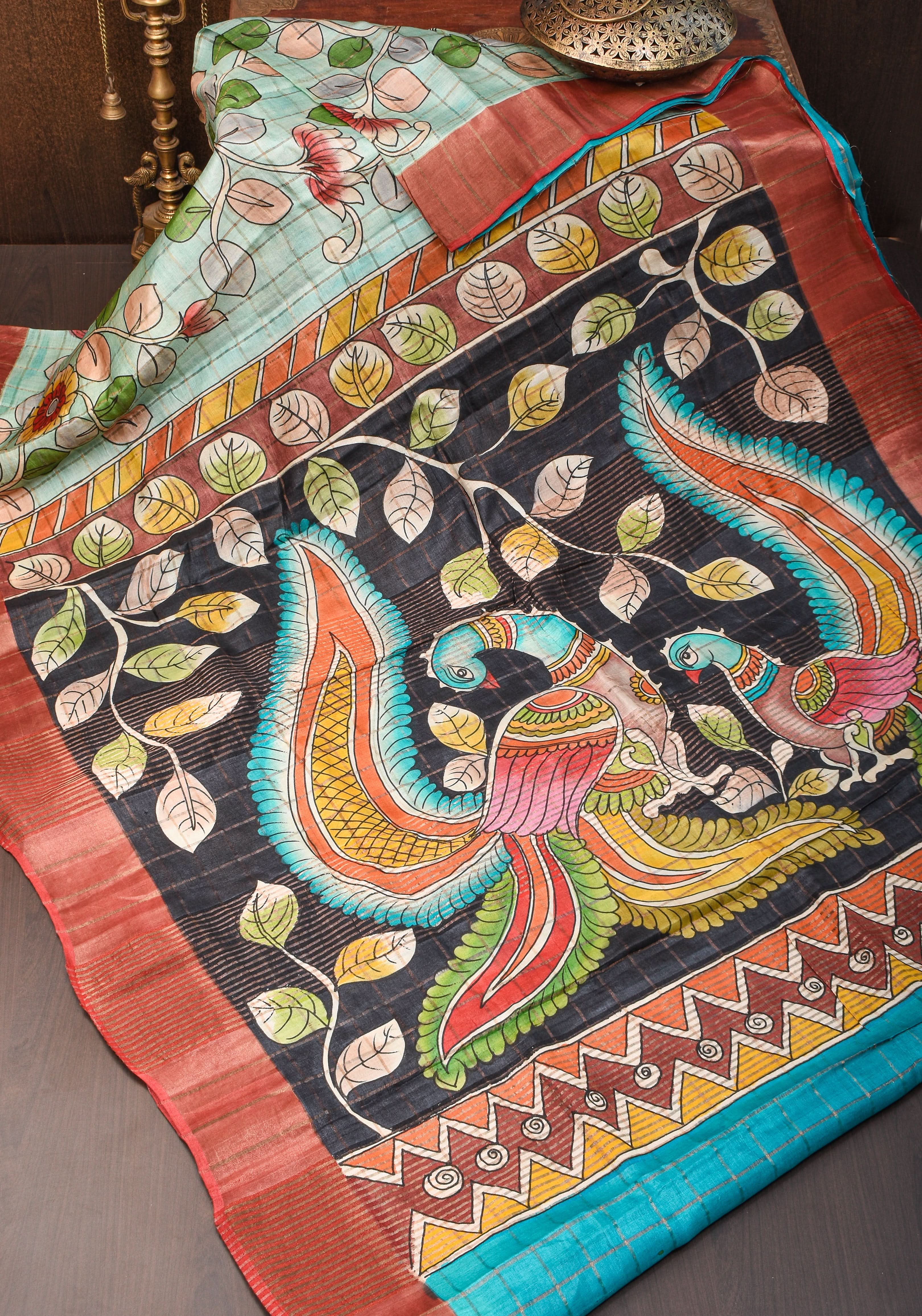 Jari Tussar Saree with Checks and Kalamkari Digital Print | SILK MARK CERTIFIED | Shobitam