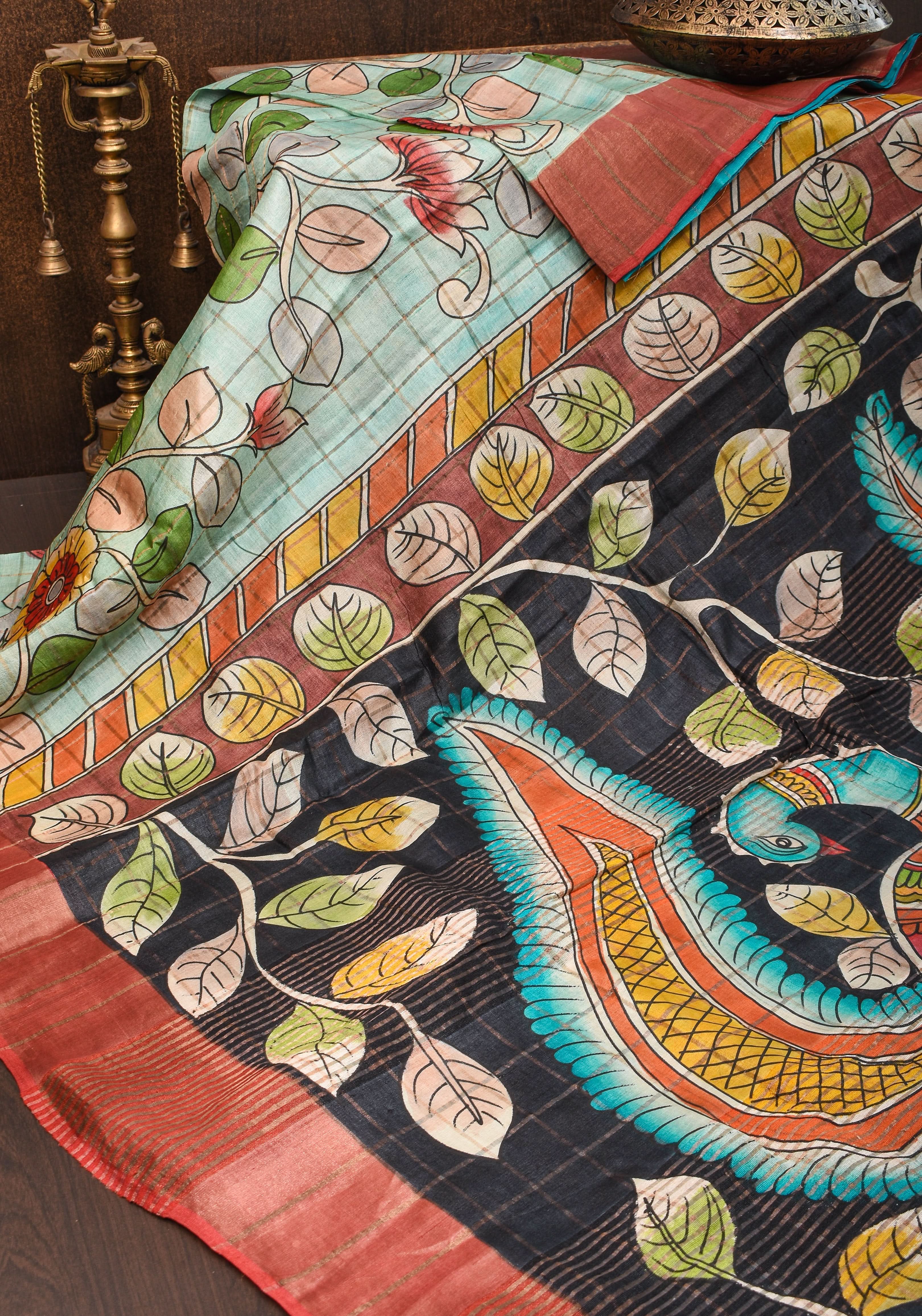 Jari Tussar Saree with Checks and Kalamkari Digital Print | SILK MARK CERTIFIED | Shobitam