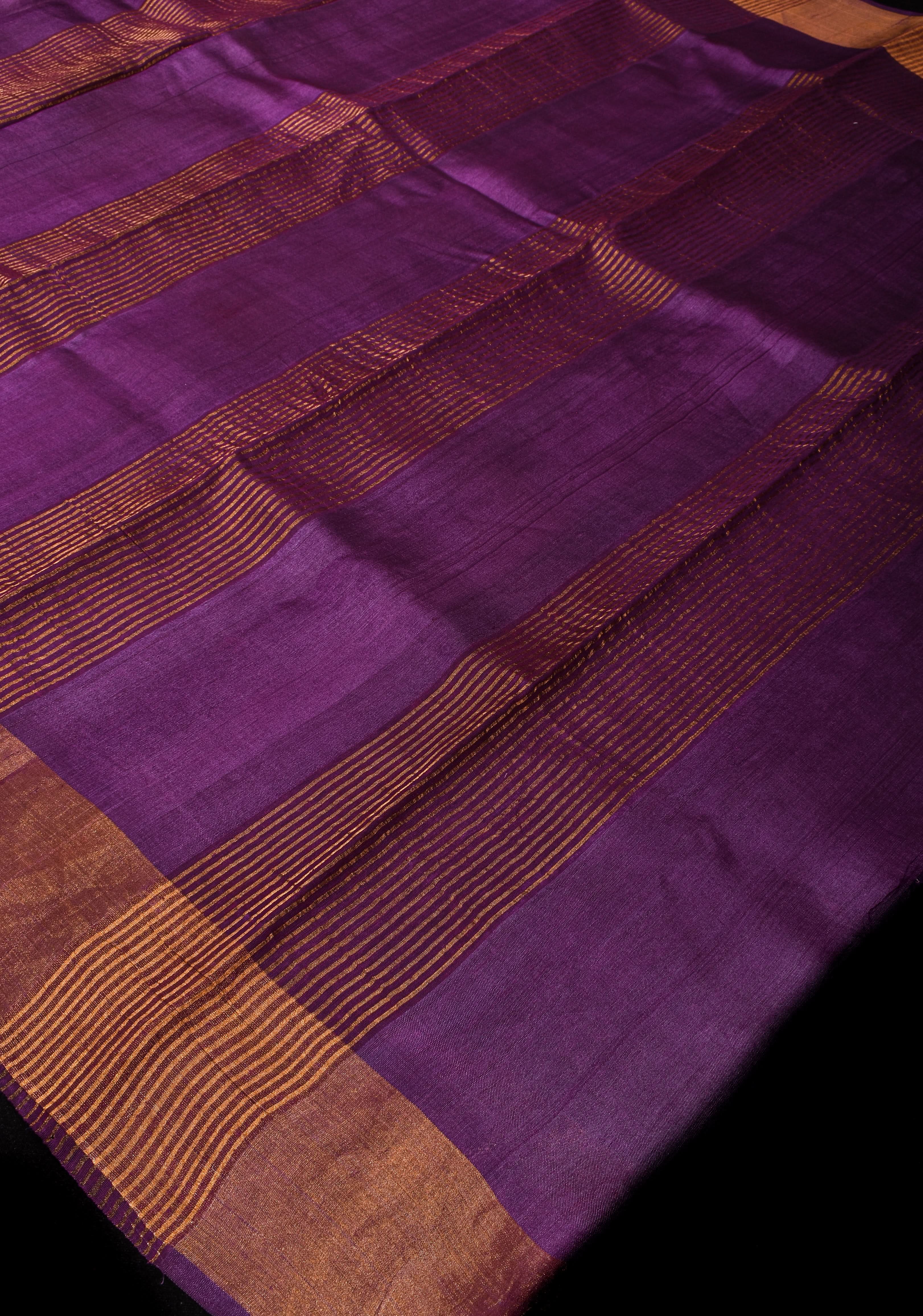 Beige Jari Tussar Silk Saree with Floral and Temple print and Purple Zari Border | SILK MARK CERTIFIED | Shobitam