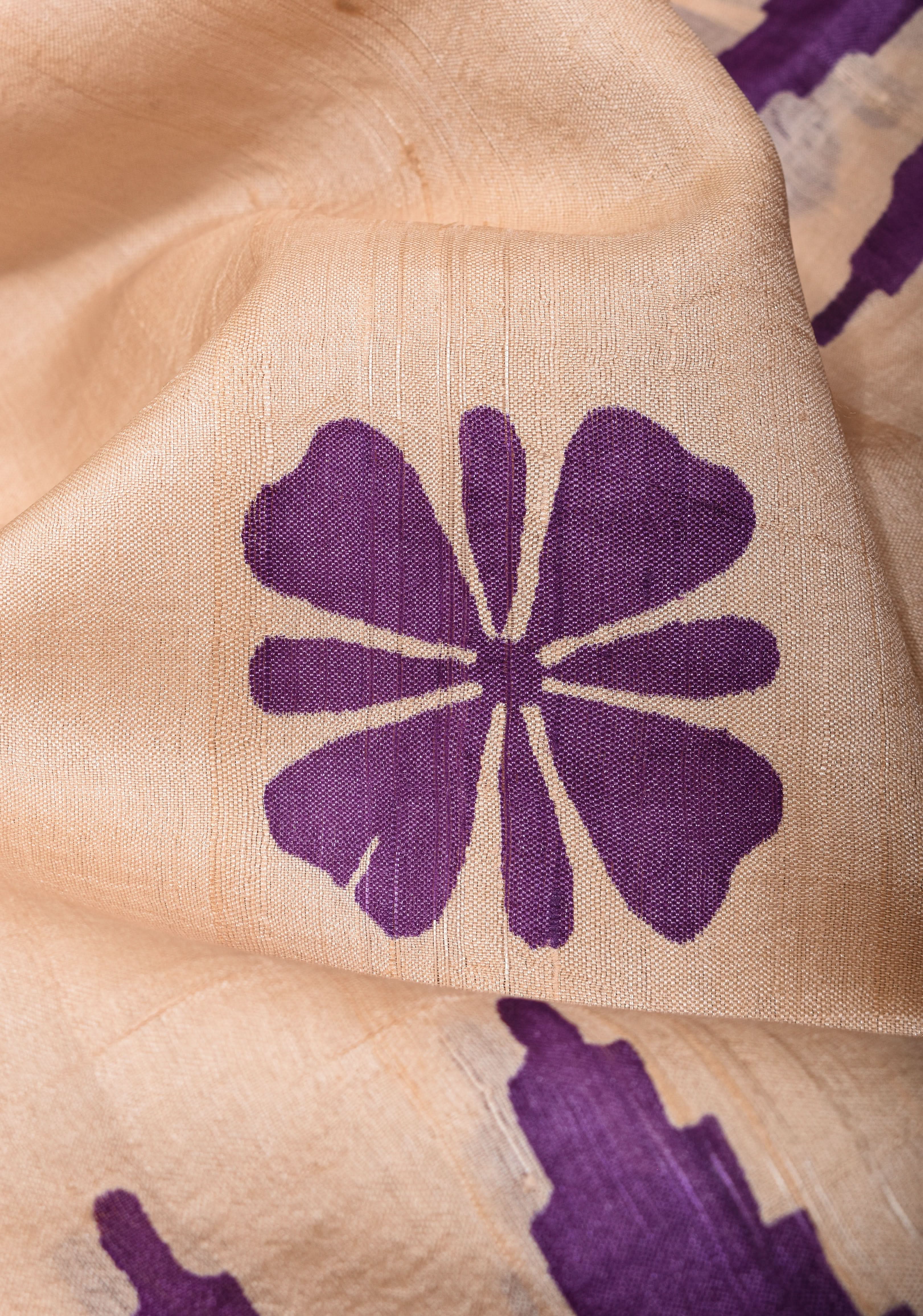 Beige Jari Tussar Silk Saree with Floral and Temple print and Purple Zari Border | SILK MARK CERTIFIED | Shobitam