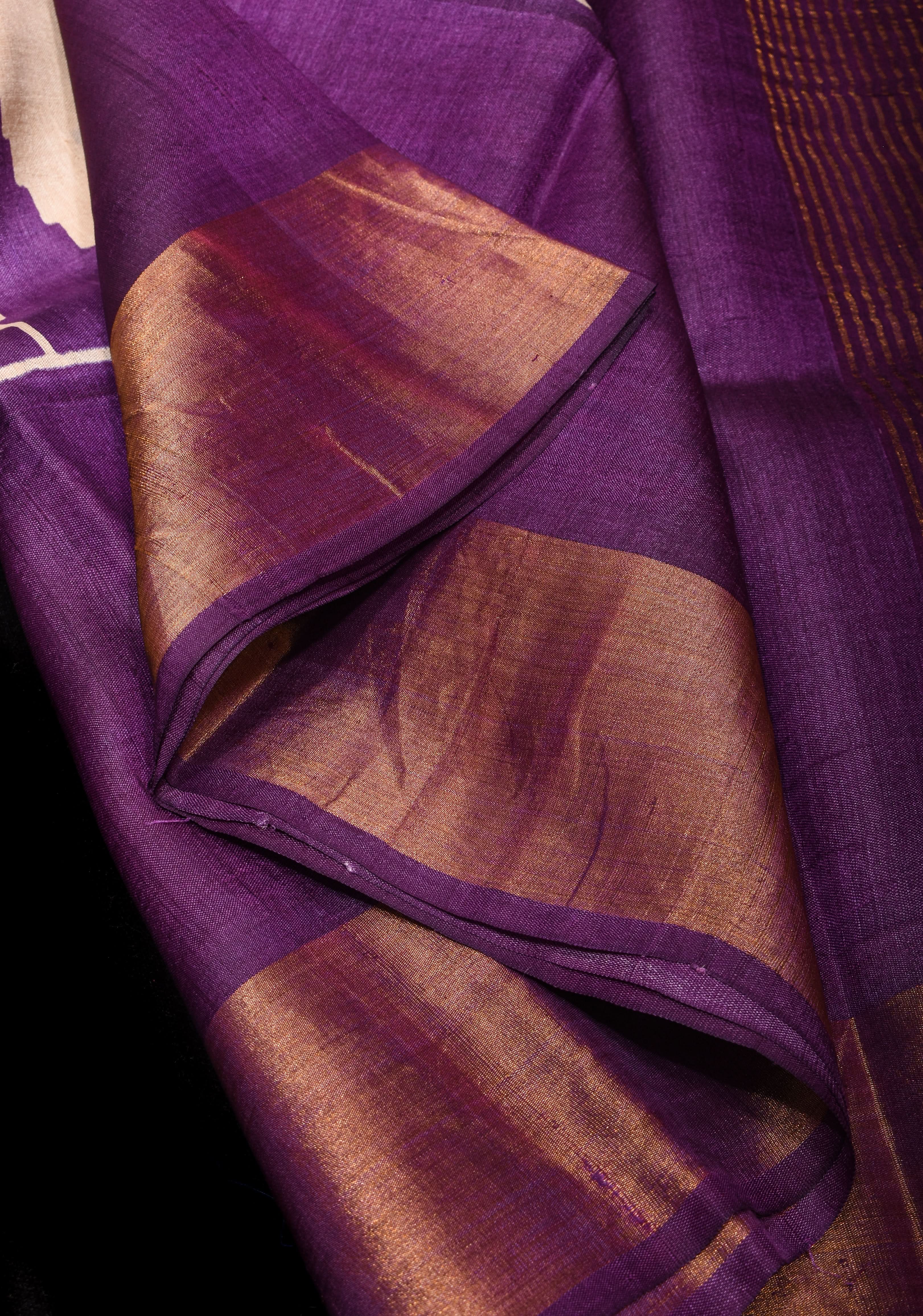 Beige Jari Tussar Silk Saree with Floral and Temple print and Purple Zari Border | SILK MARK CERTIFIED | Shobitam