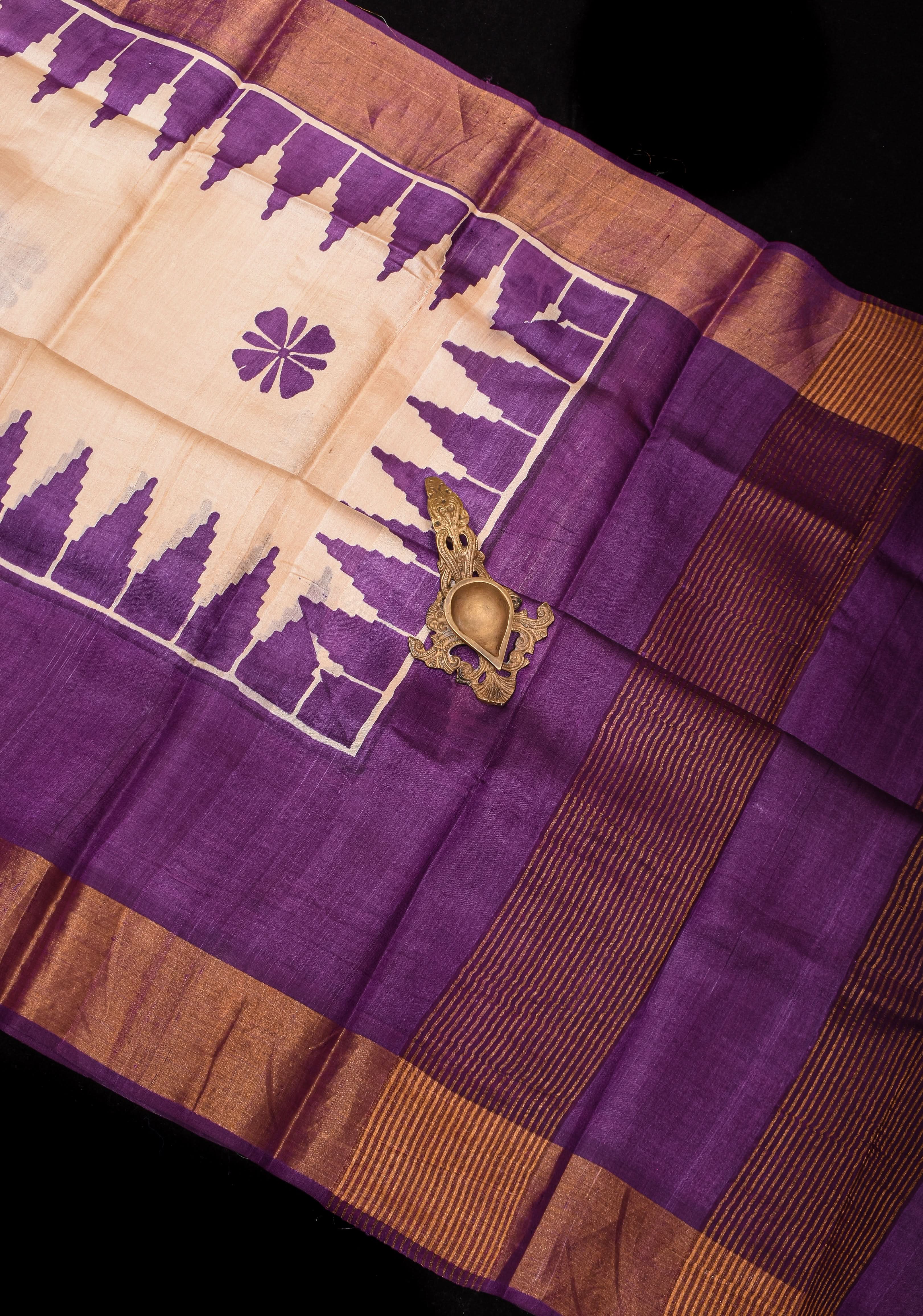 Beige Jari Tussar Silk Saree with Floral and Temple print and Purple Zari Border | SILK MARK CERTIFIED | Shobitam