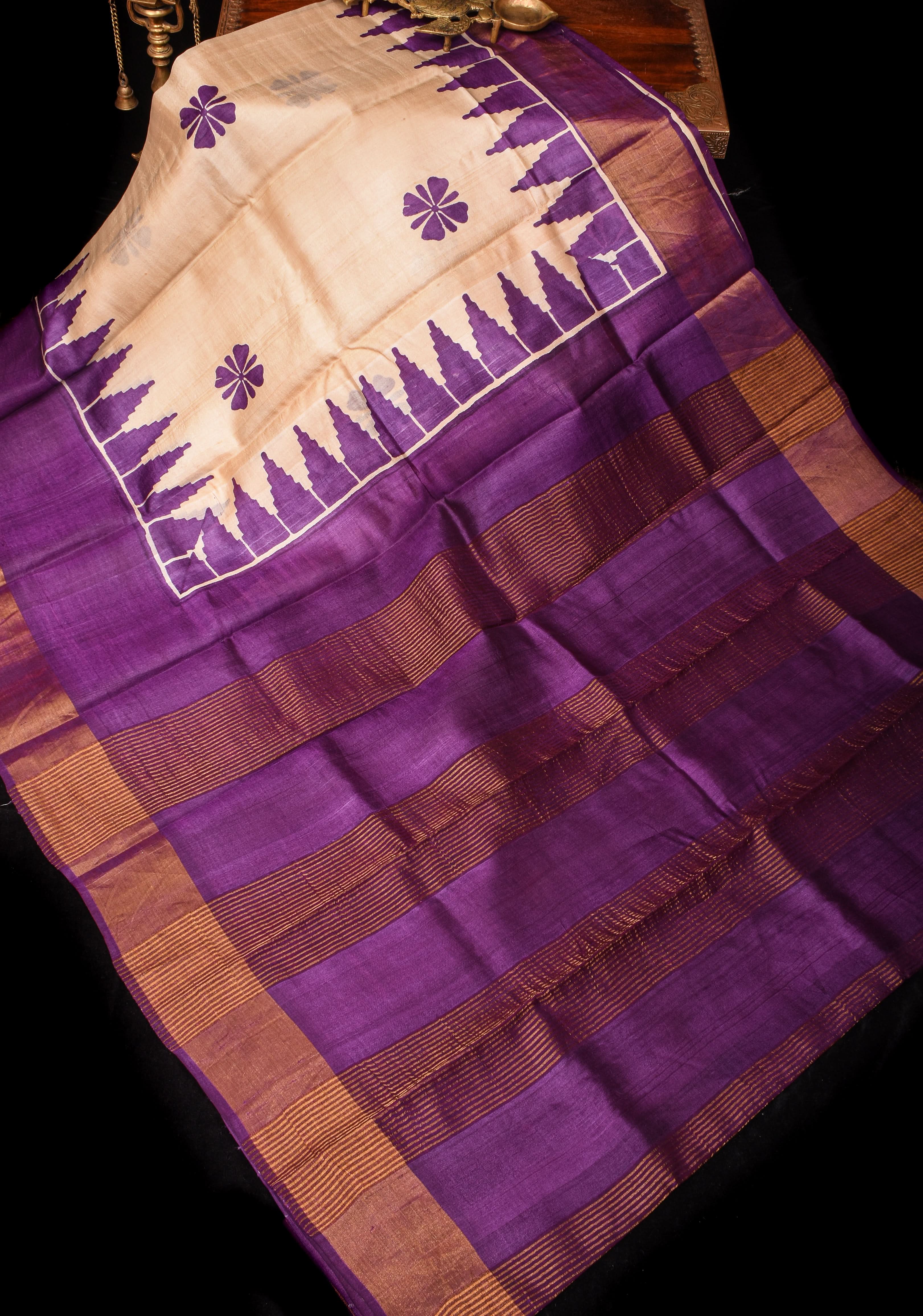Beige Jari Tussar Silk Saree with Floral and Temple print and Purple Zari Border | SILK MARK CERTIFIED | Shobitam