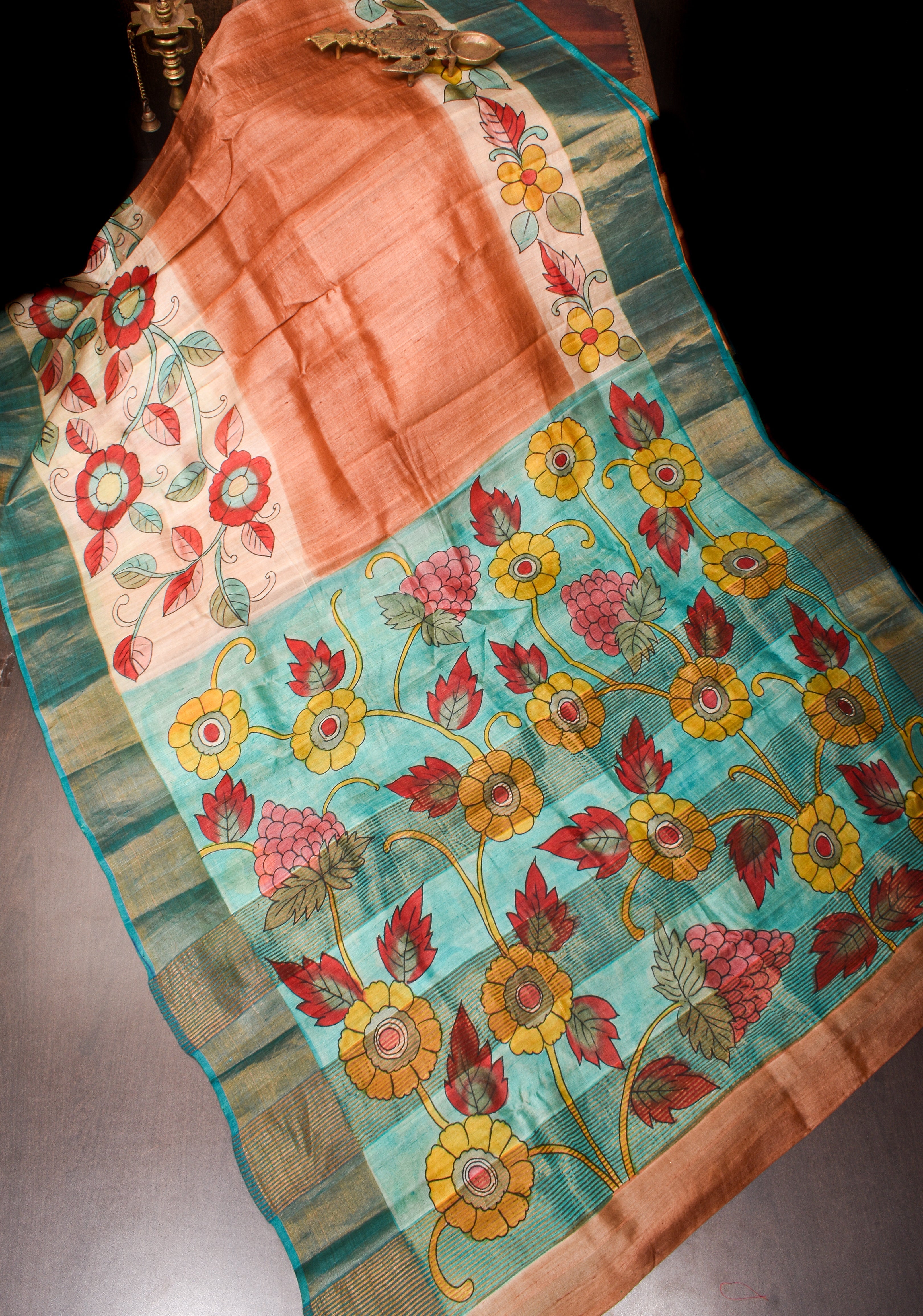 Terracotta Jari Tussar Silk Saree with Floral Kalamkari Digital Print | SILK MARK CERTIFIED | Shobitam