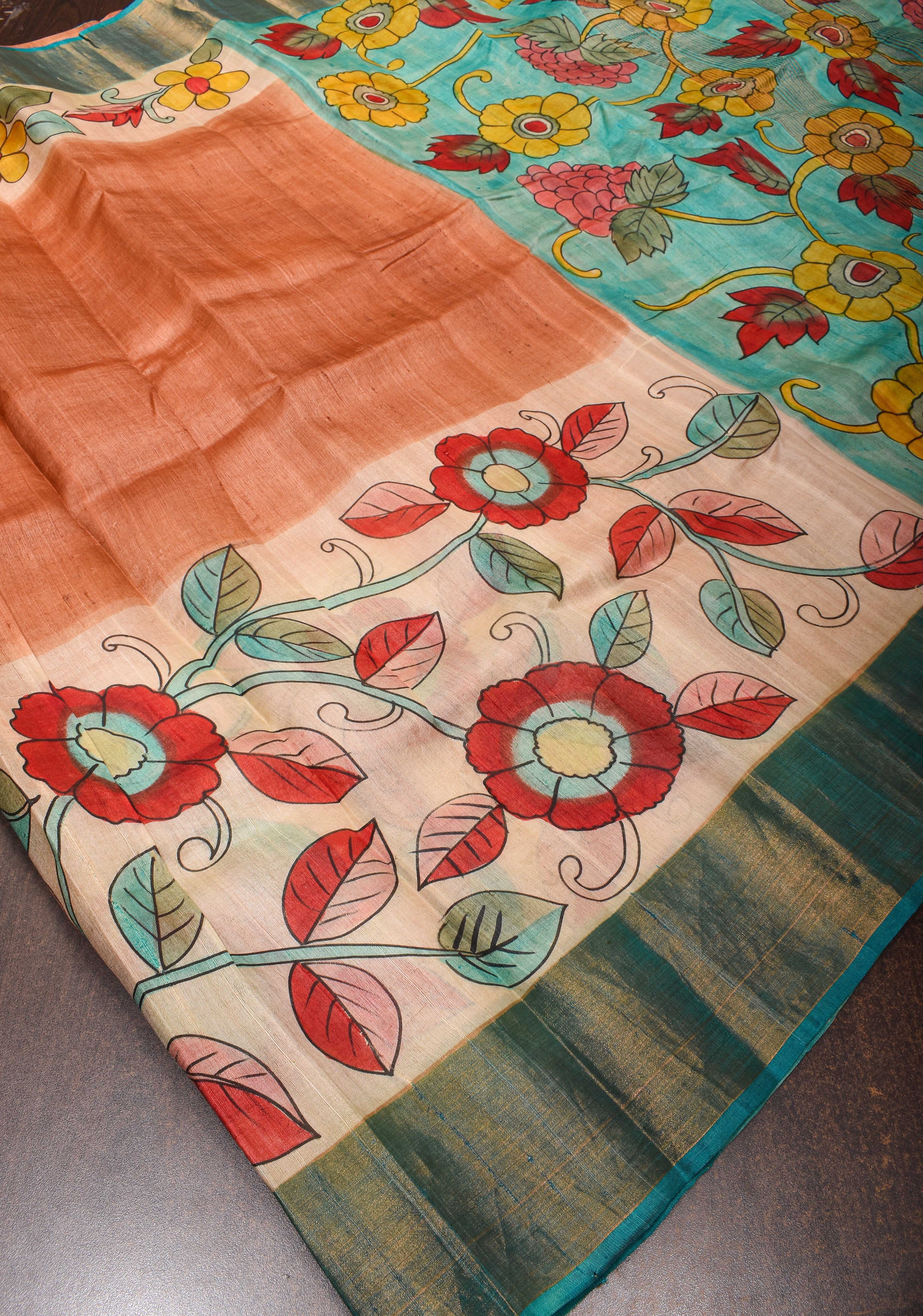 Terracotta Jari Tussar Silk Saree with Floral Kalamkari Digital Print | SILK MARK CERTIFIED | Shobitam
