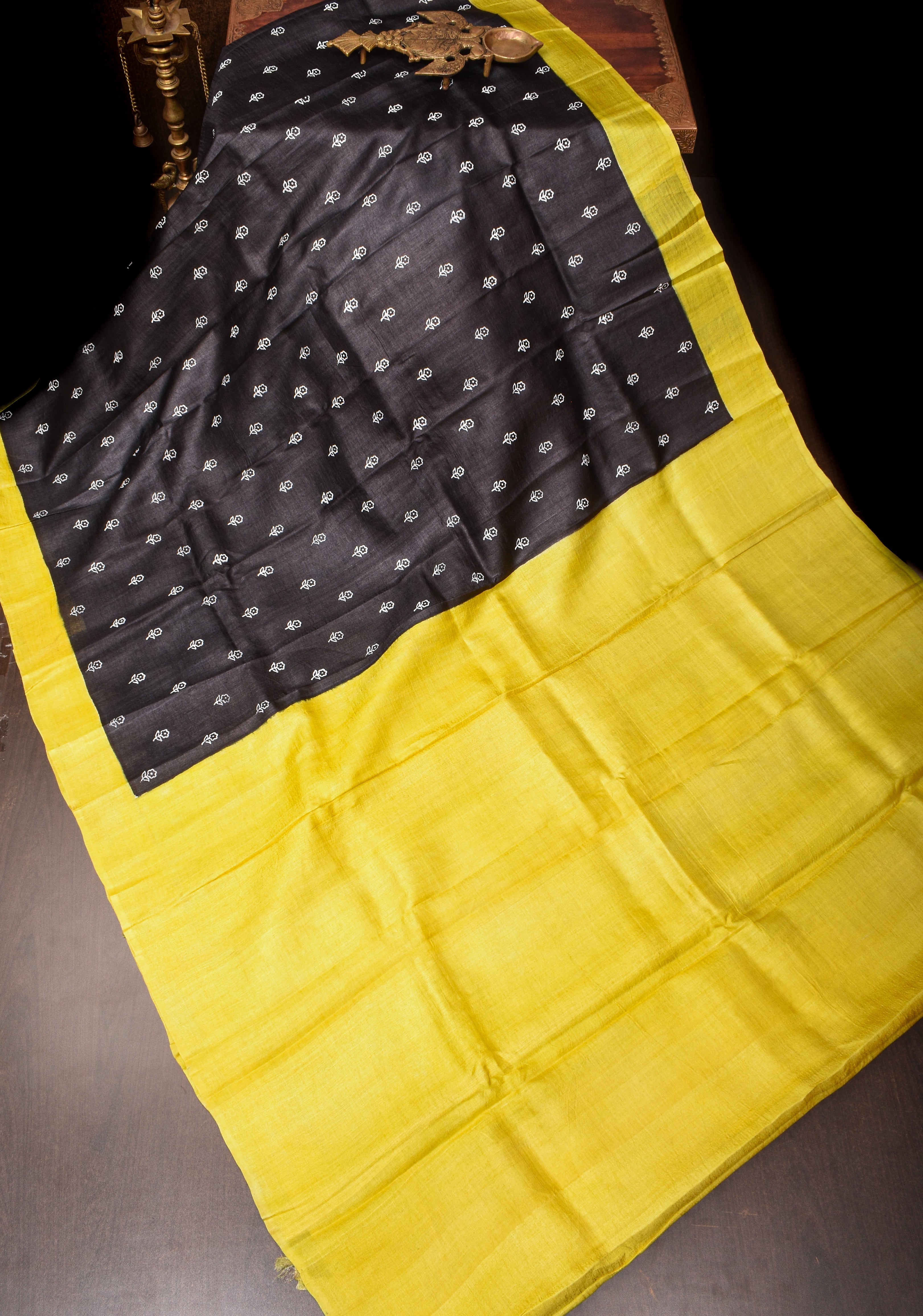 Lightweight Tussar Silk Saree in Black with Floral Buttis and Contrast Border | SILK MARK CERTIFIED | Shobitam