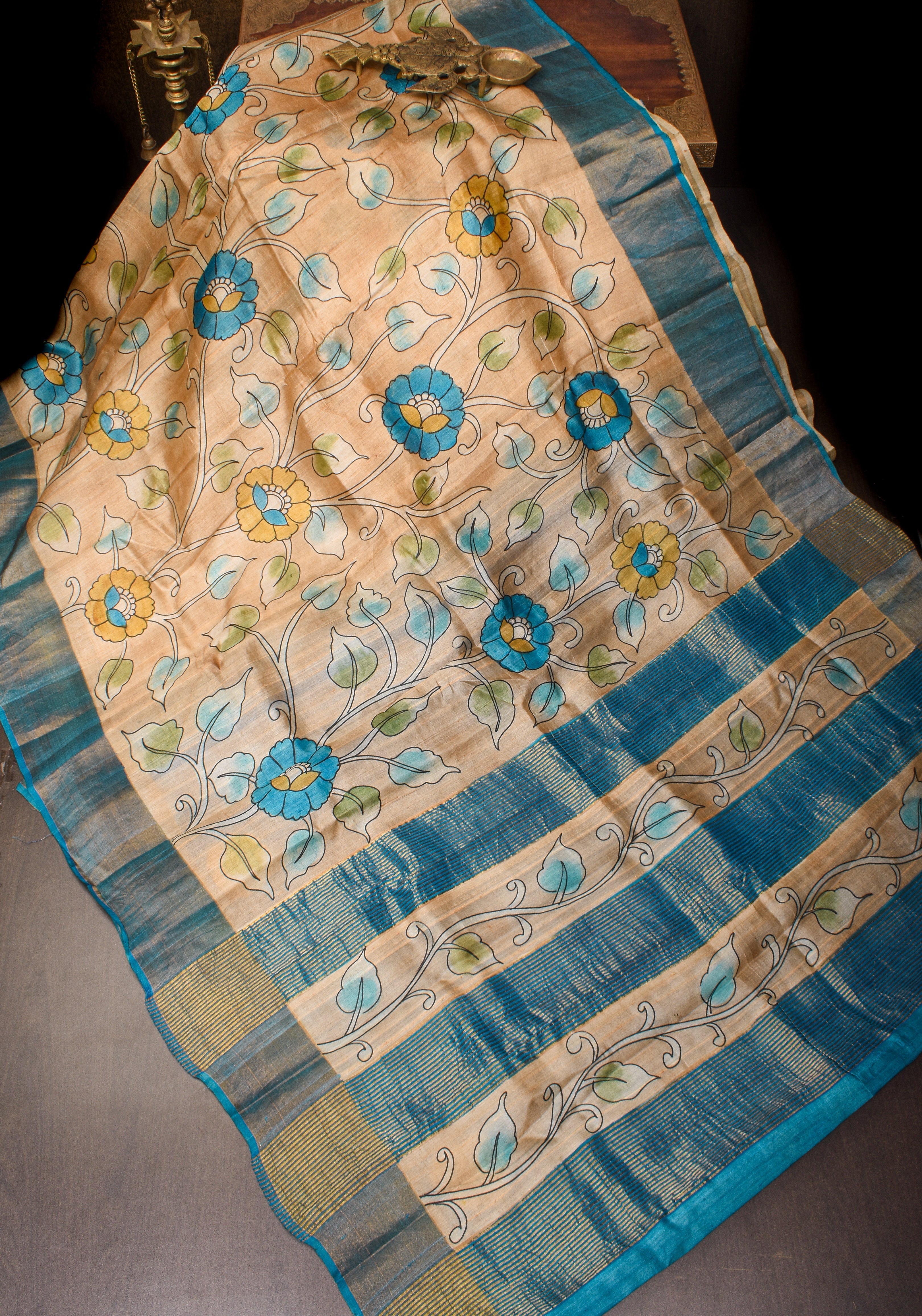 Jari Tussar Silk Saree in Pale Taupe with Floral Vines Kalamkari digital print | SILK MARK CERTIFIED | Shobitam