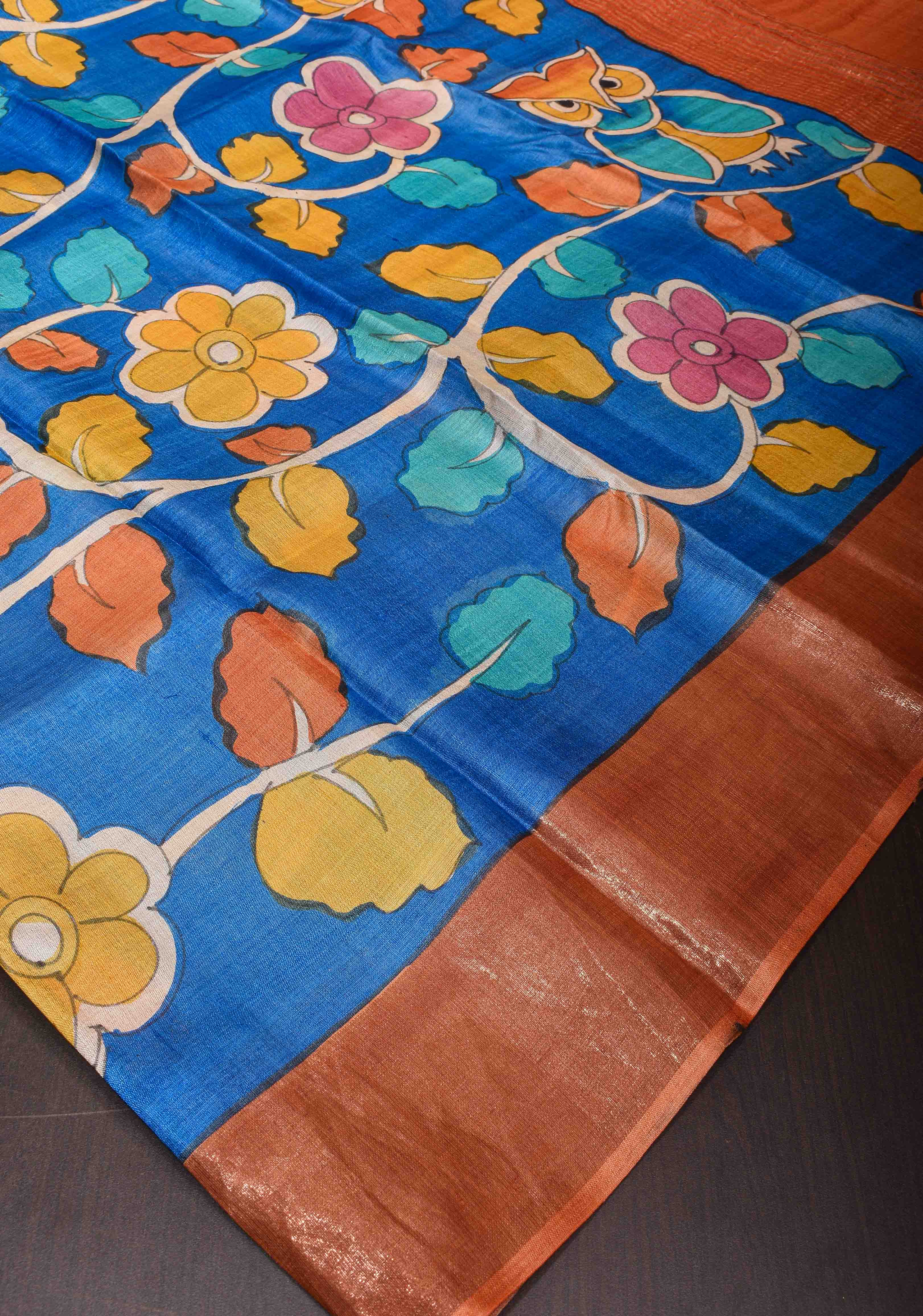 Blue Jari Tussar Saree with Kalamkari Hand Painted Kalamakri Floral Design | SILK MARK CERTIFIED | Shobitam