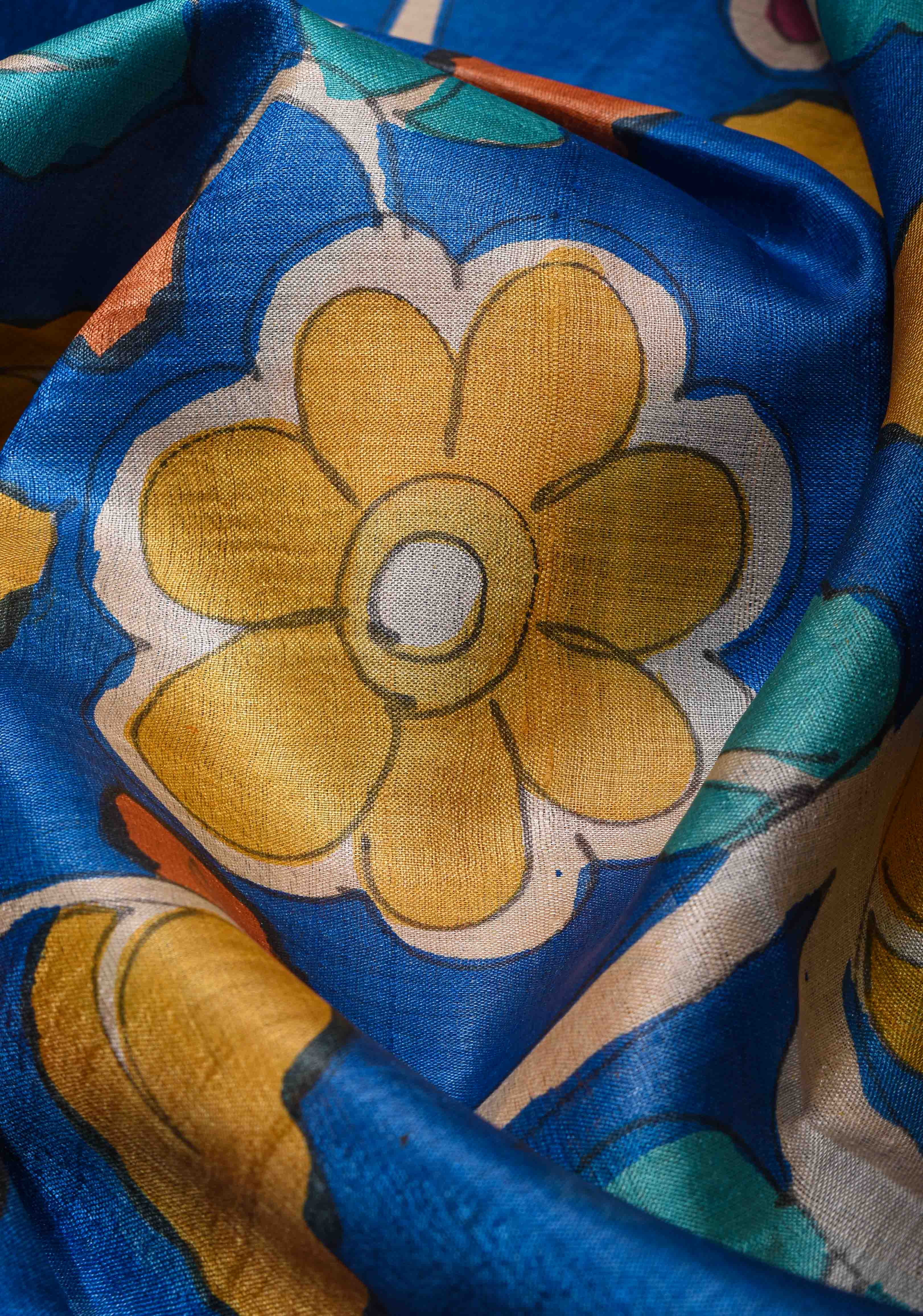 Blue Jari Tussar Saree with Kalamkari Hand Painted Kalamakri Floral Design | SILK MARK CERTIFIED | Shobitam