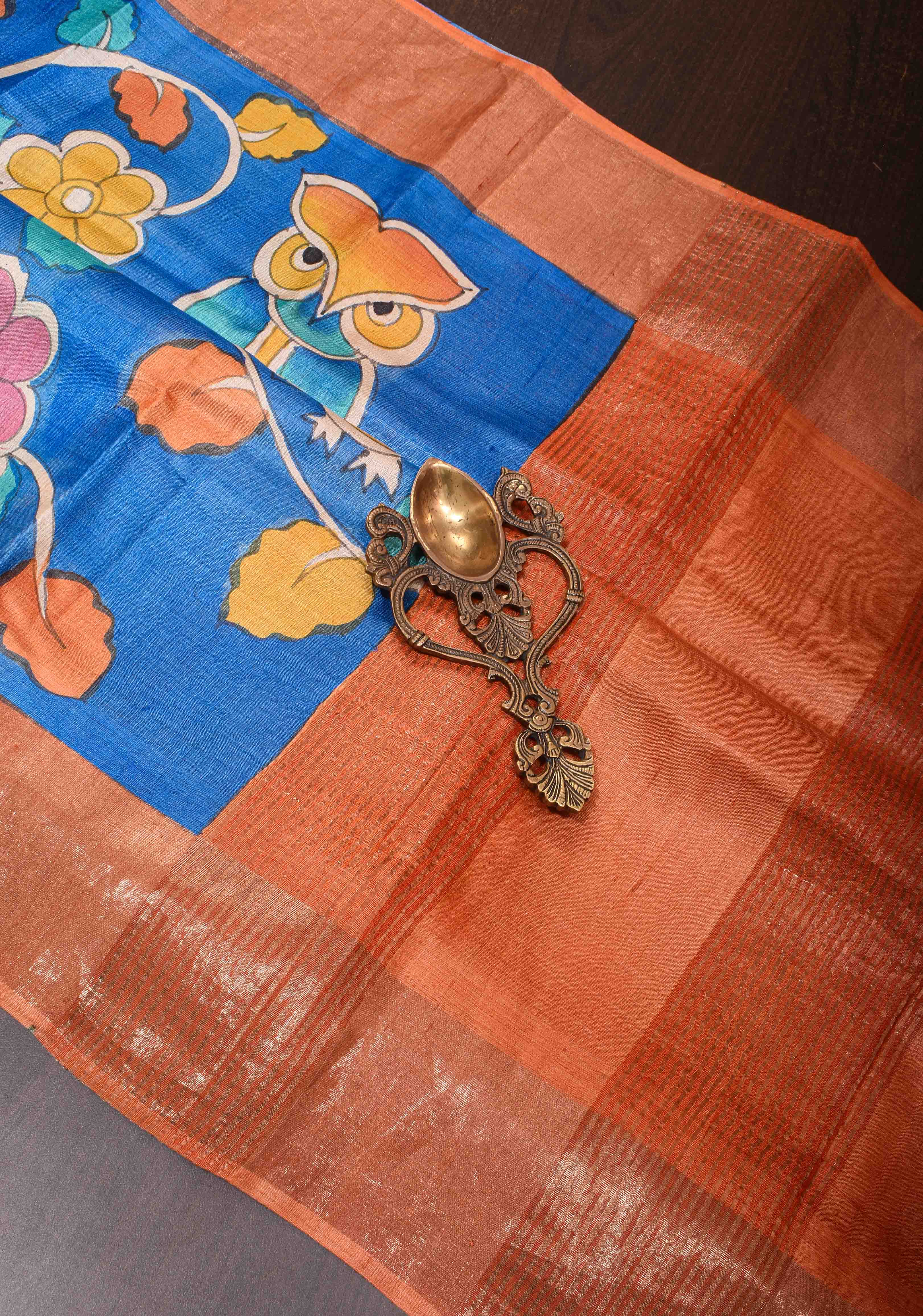 Blue Jari Tussar Saree with Kalamkari Hand Painted Kalamakri Floral Design | SILK MARK CERTIFIED | Shobitam