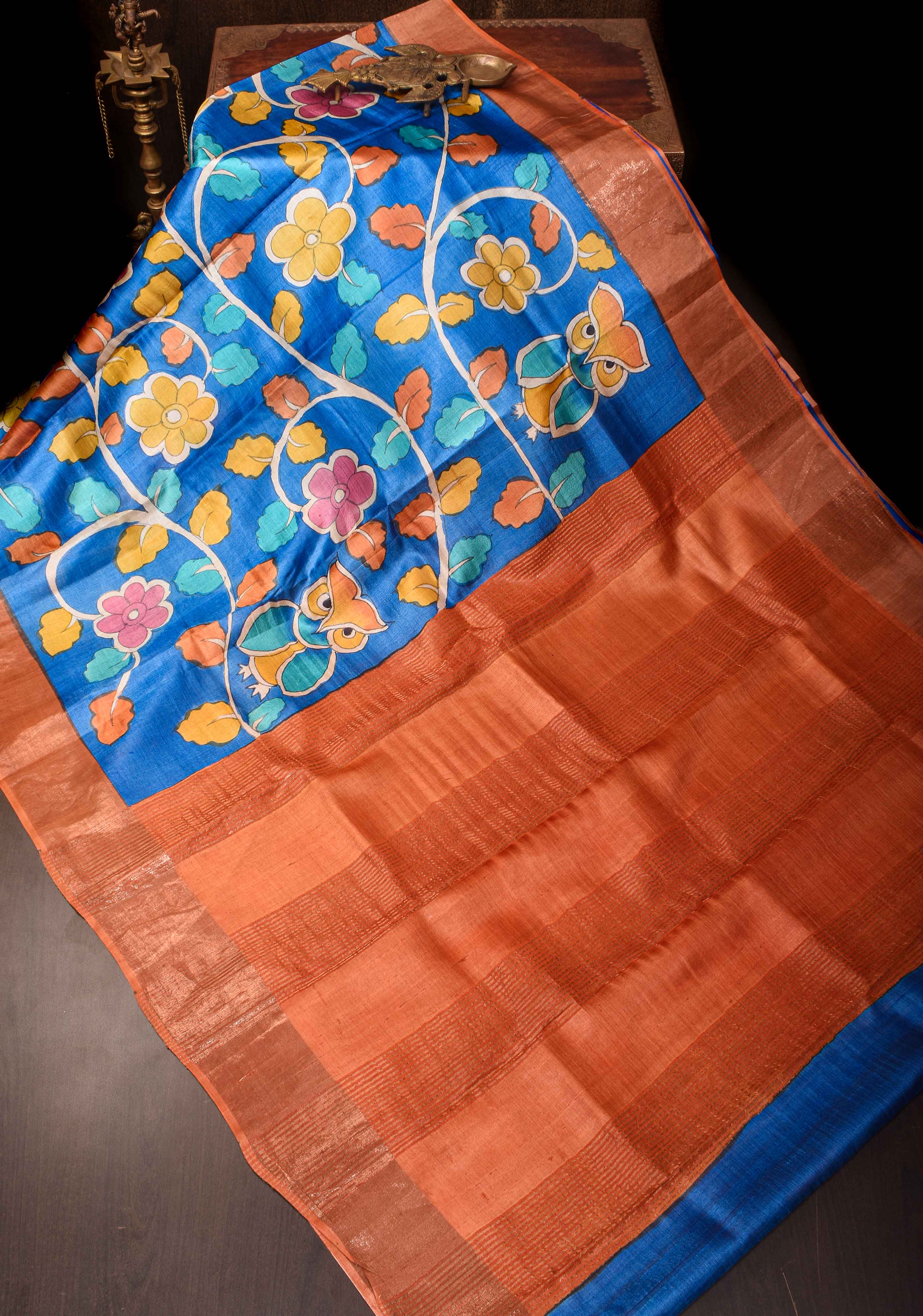 Blue Jari Tussar Saree with Kalamkari Hand Painted Kalamakri Floral Design | SILK MARK CERTIFIED | Shobitam