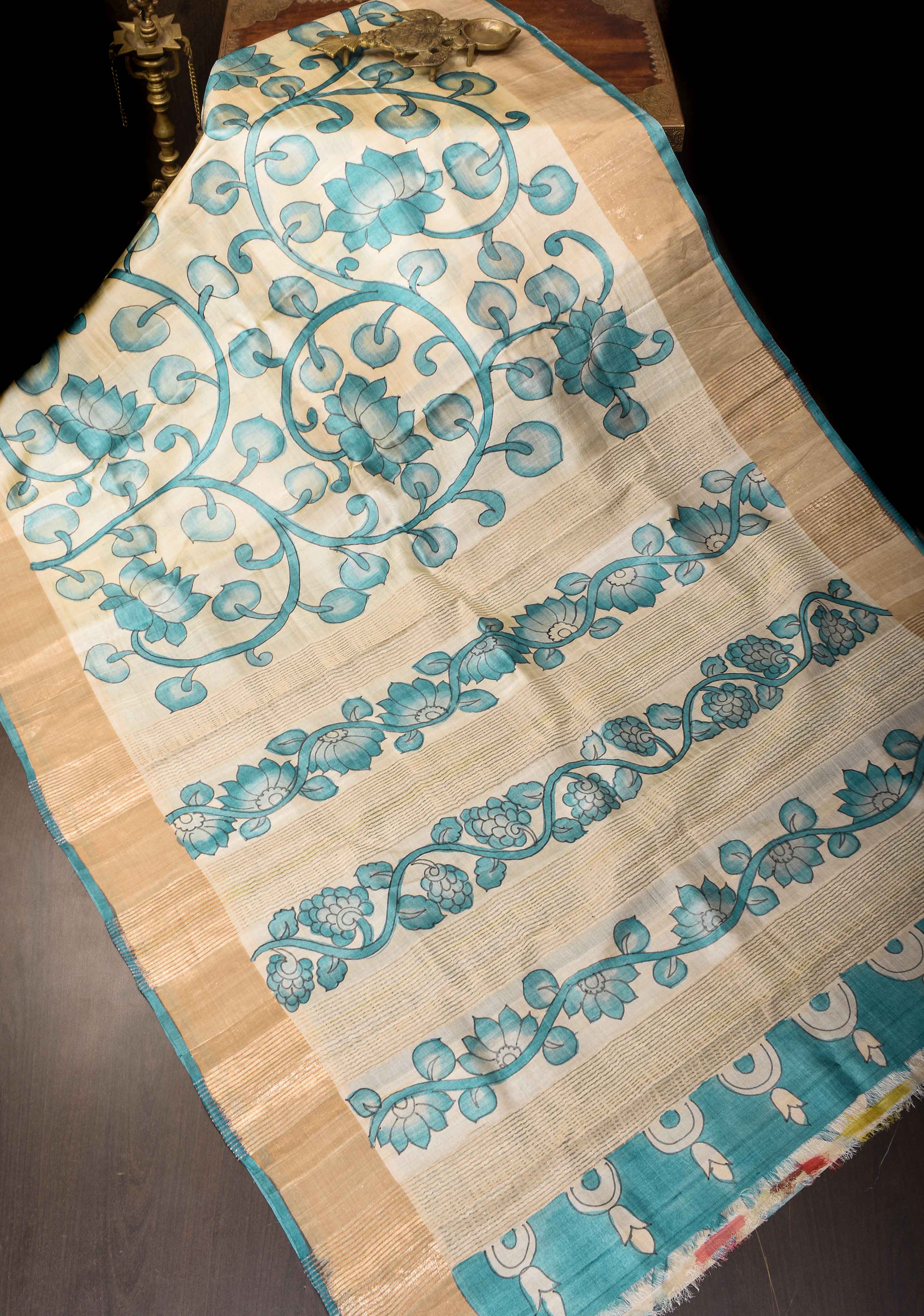 Beige Jari Tussar Saree with Hand Painted Kalamkari Floral Vines and Zari Border | SILK MARK CERTIFIED | Shobitam