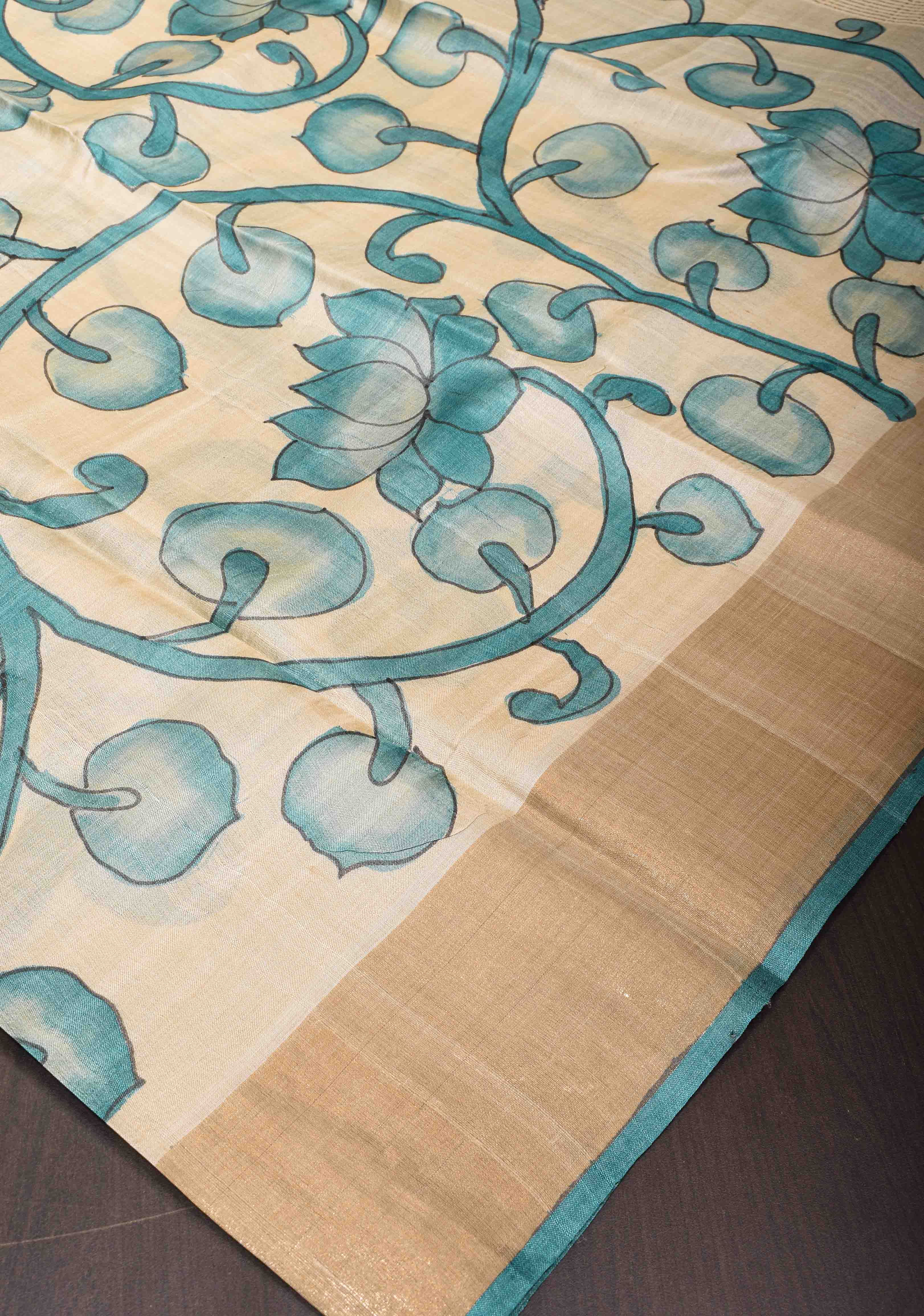 Beige Jari Tussar Saree with Hand Painted Kalamkari Floral Vines and Zari Border | SILK MARK CERTIFIED | Shobitam