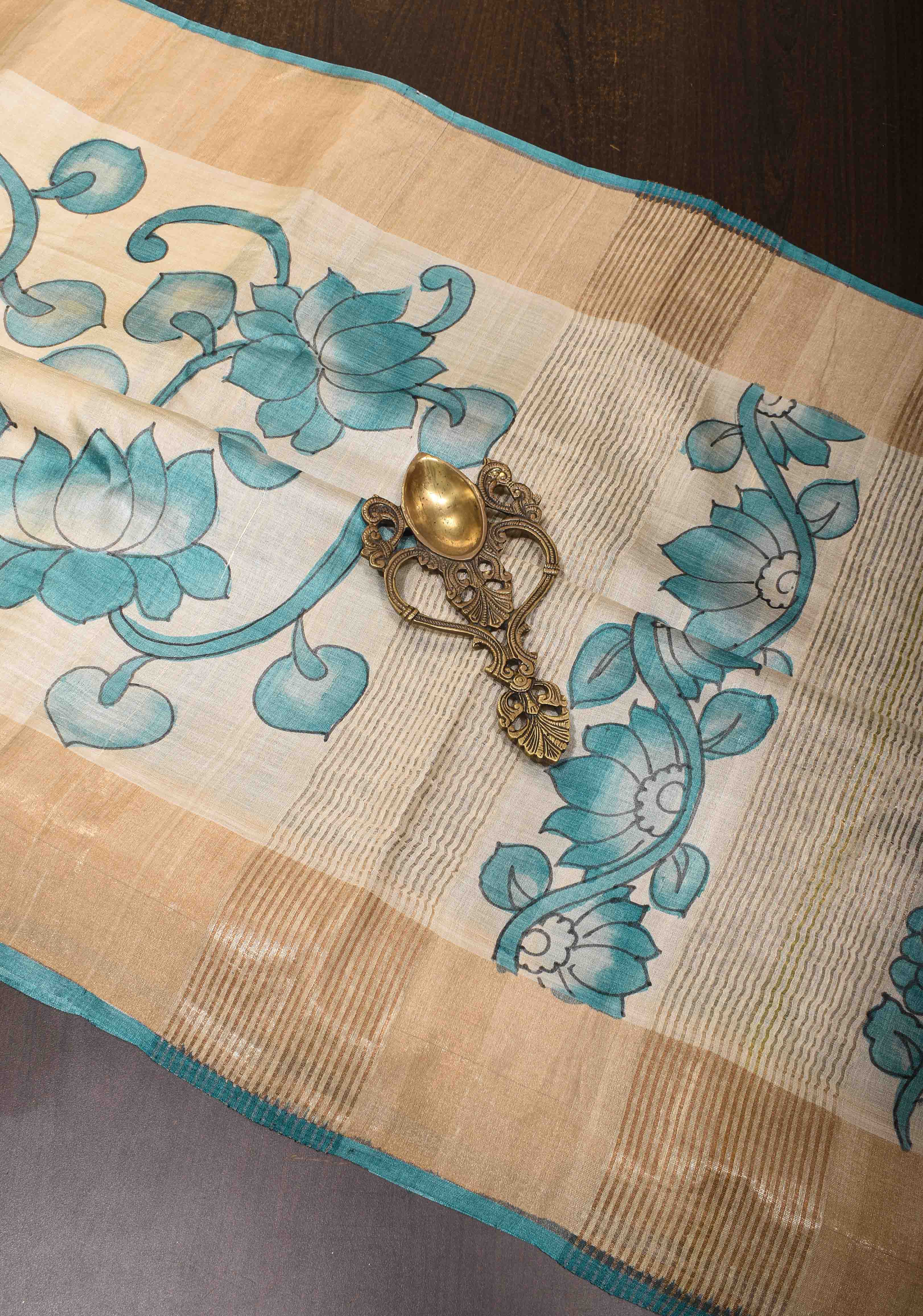 Beige Jari Tussar Saree with Hand Painted Kalamkari Floral Vines and Zari Border | SILK MARK CERTIFIED | Shobitam