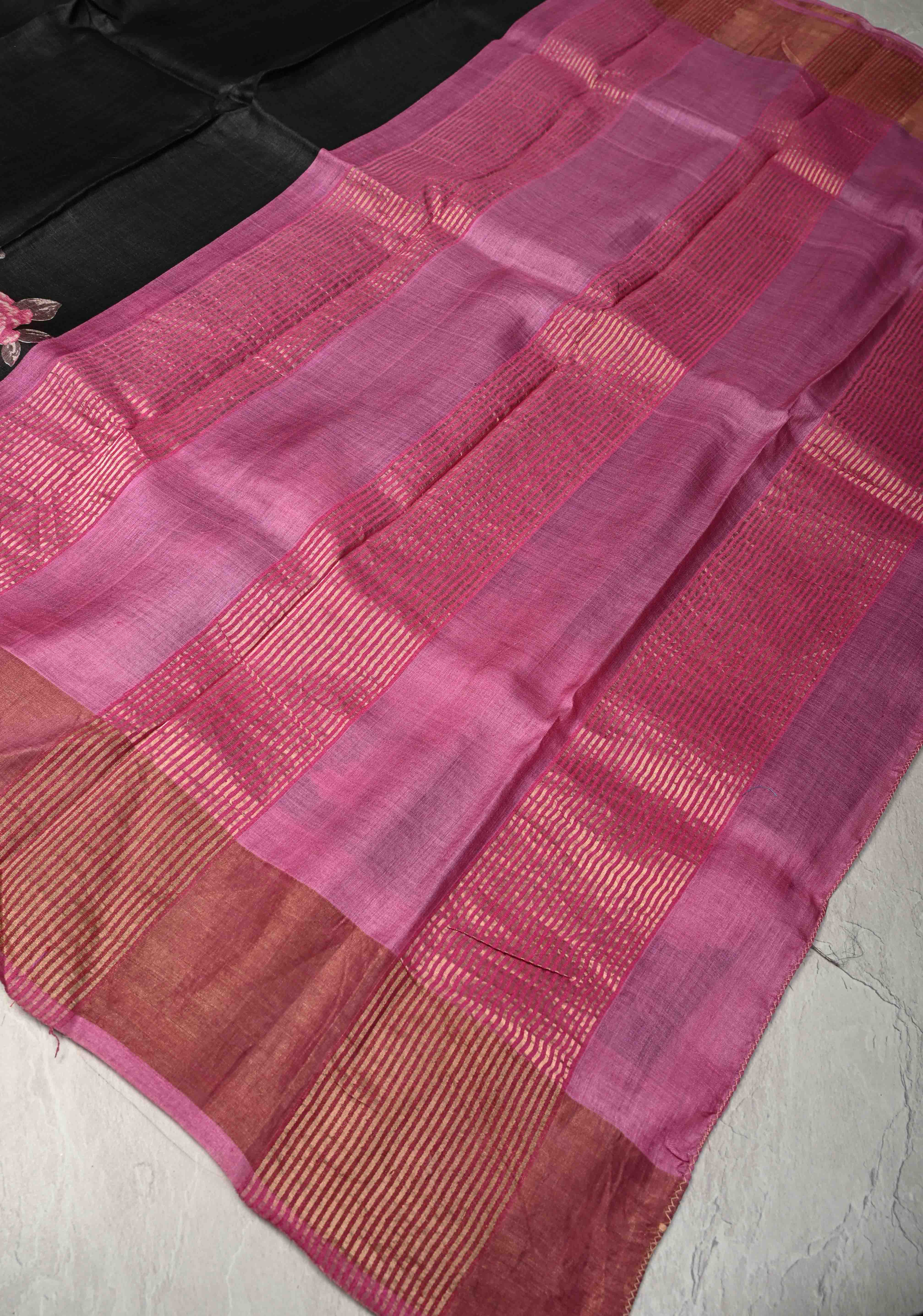 Jari Tussar Silk Saree in Black with Floral Digital Print Above Contrast zari Border | SILK MARK CERTIFIED | Shobitam